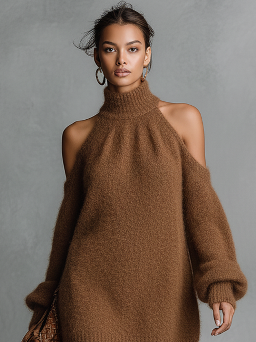 Women's Loose-fitting High-neck Off-shoulder Knit Mini Dress MDA0974L2Y