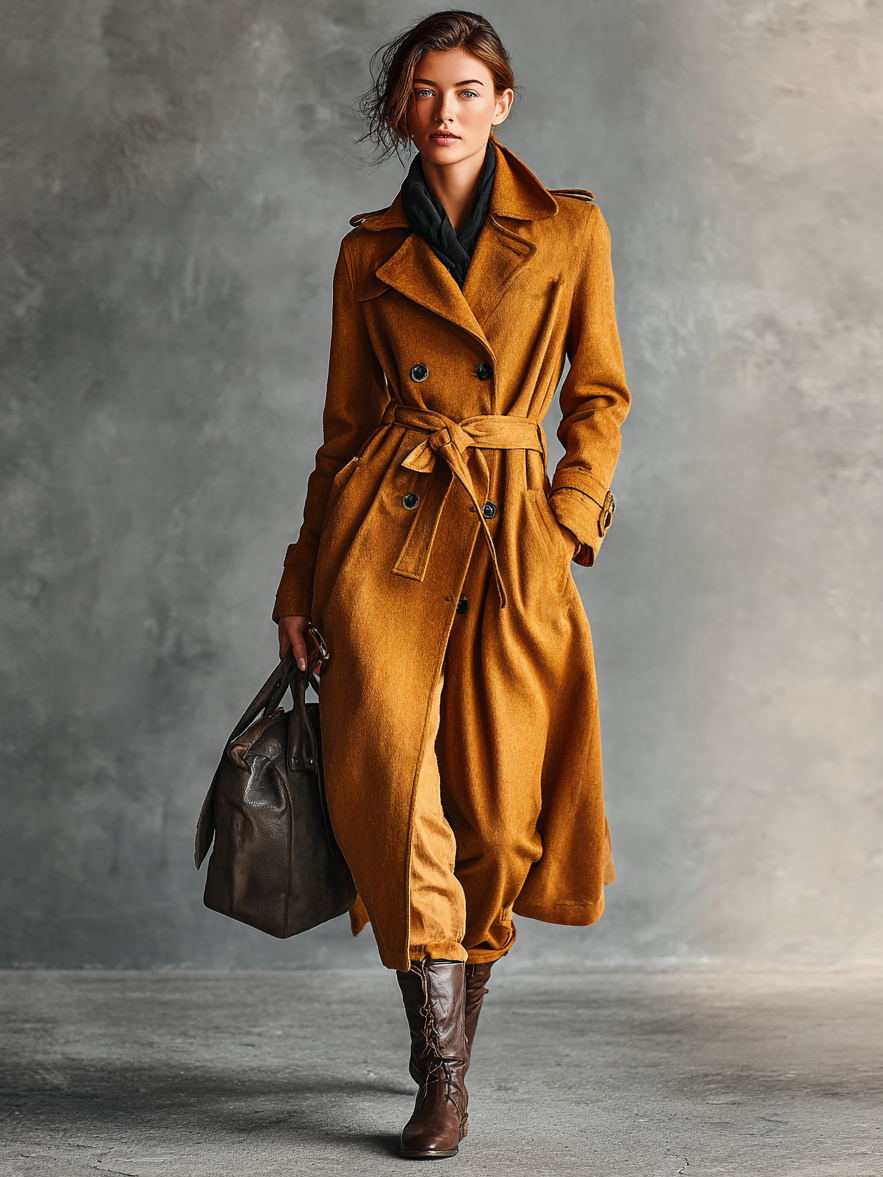 Women's Minimalist Wool Blend Lapel Double-Breasted Belt Long Coat MDA1847I8Y