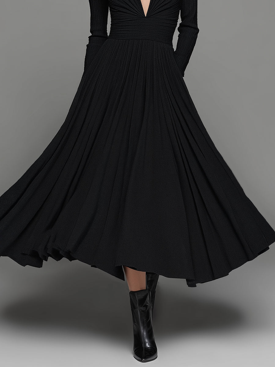 Women's Black Flowing Cotton-Blend Dress With Long Sleeves & A-Line Silhouette, Sophisticated Formal Style Dress MDA1296L5I