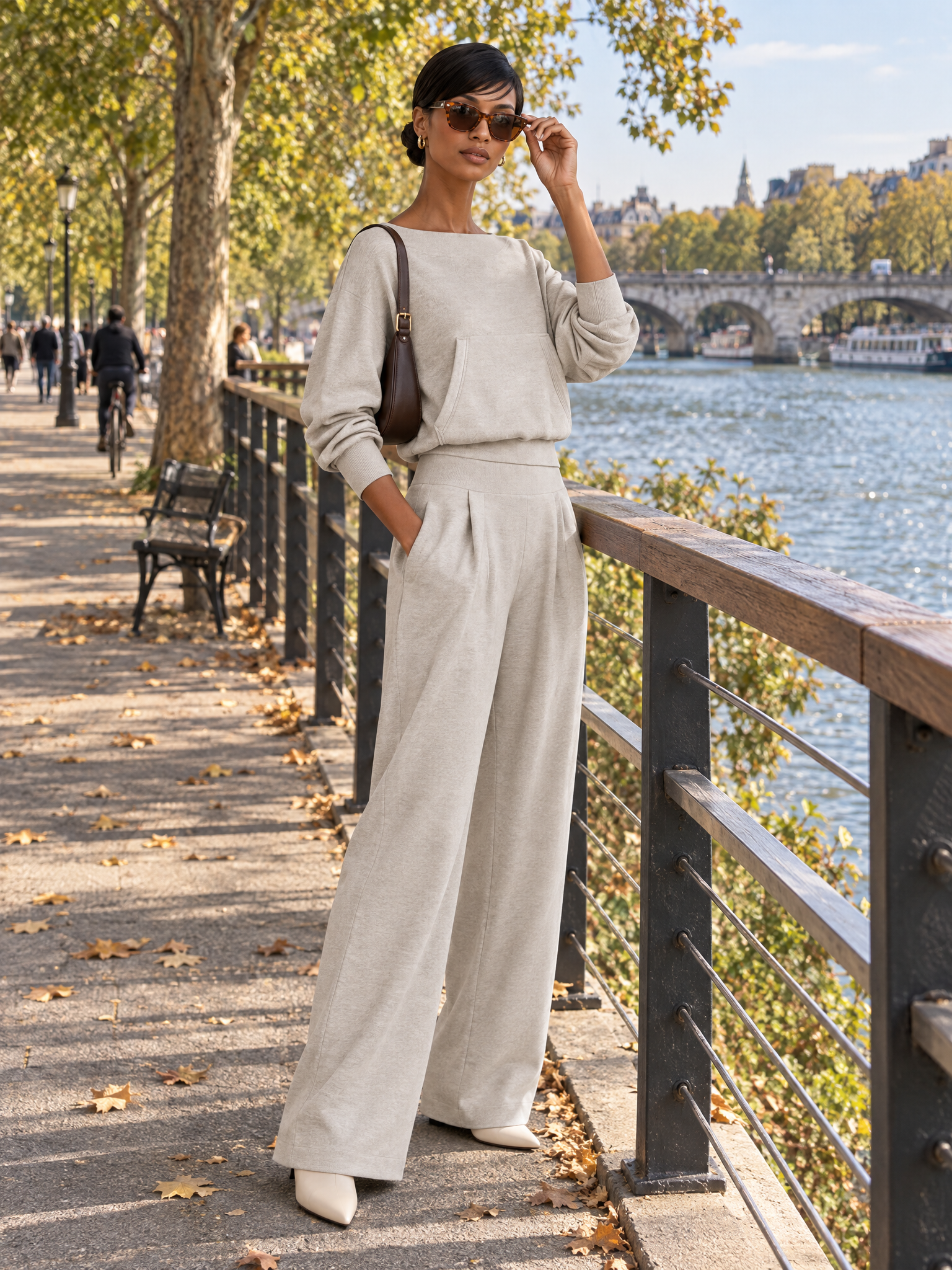 Women's Boat Neck Wide Leg Set Gray Office Outfit
