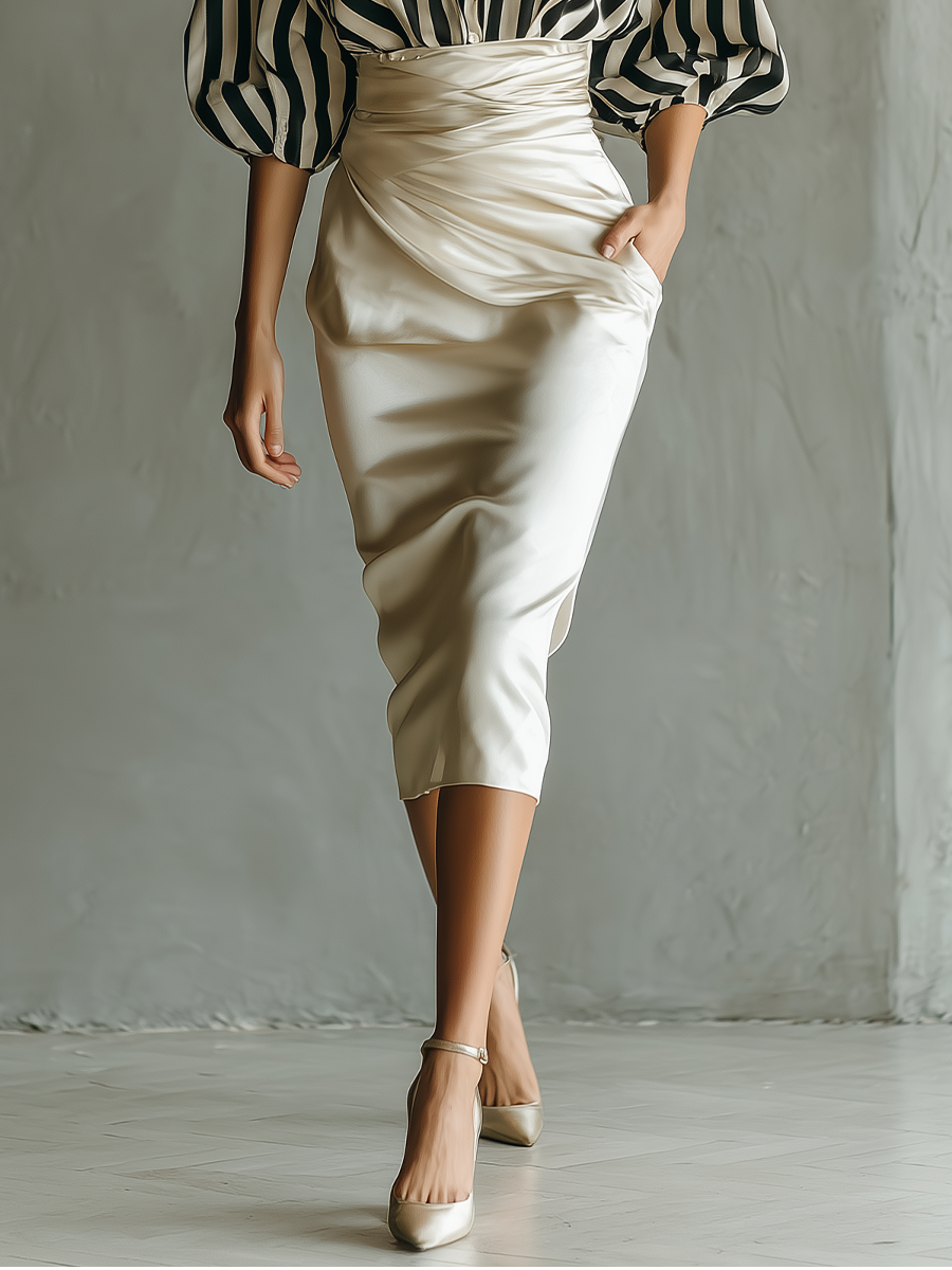 Women's Black And White Striped Cotton Shirt And Beige Satin Skirt Set MDA0826H7T
