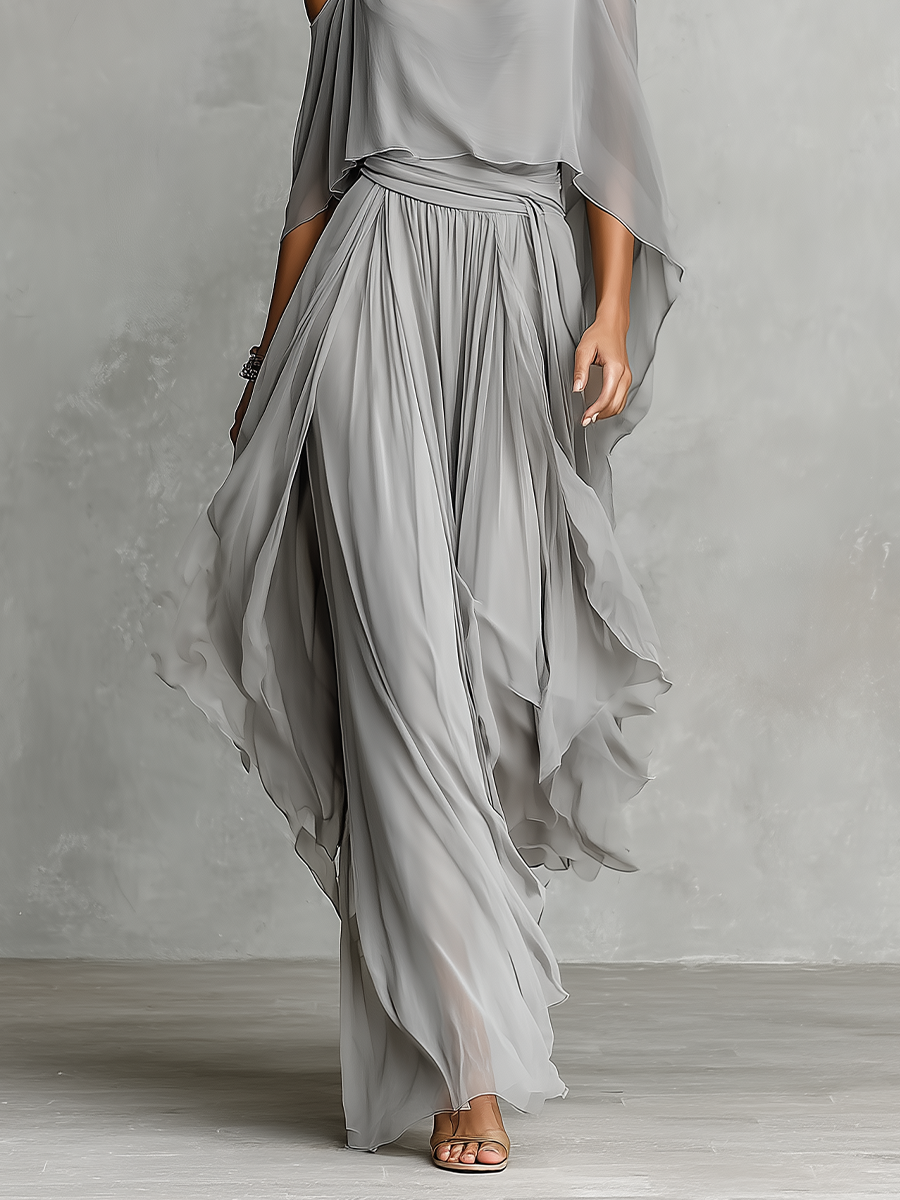 Women's Grey Breathable Chiffon Set With Cold-Shoulder Detail & Flared Silhouette, Contemporary Luxury-Feminine Style Set MDZ2651B6I