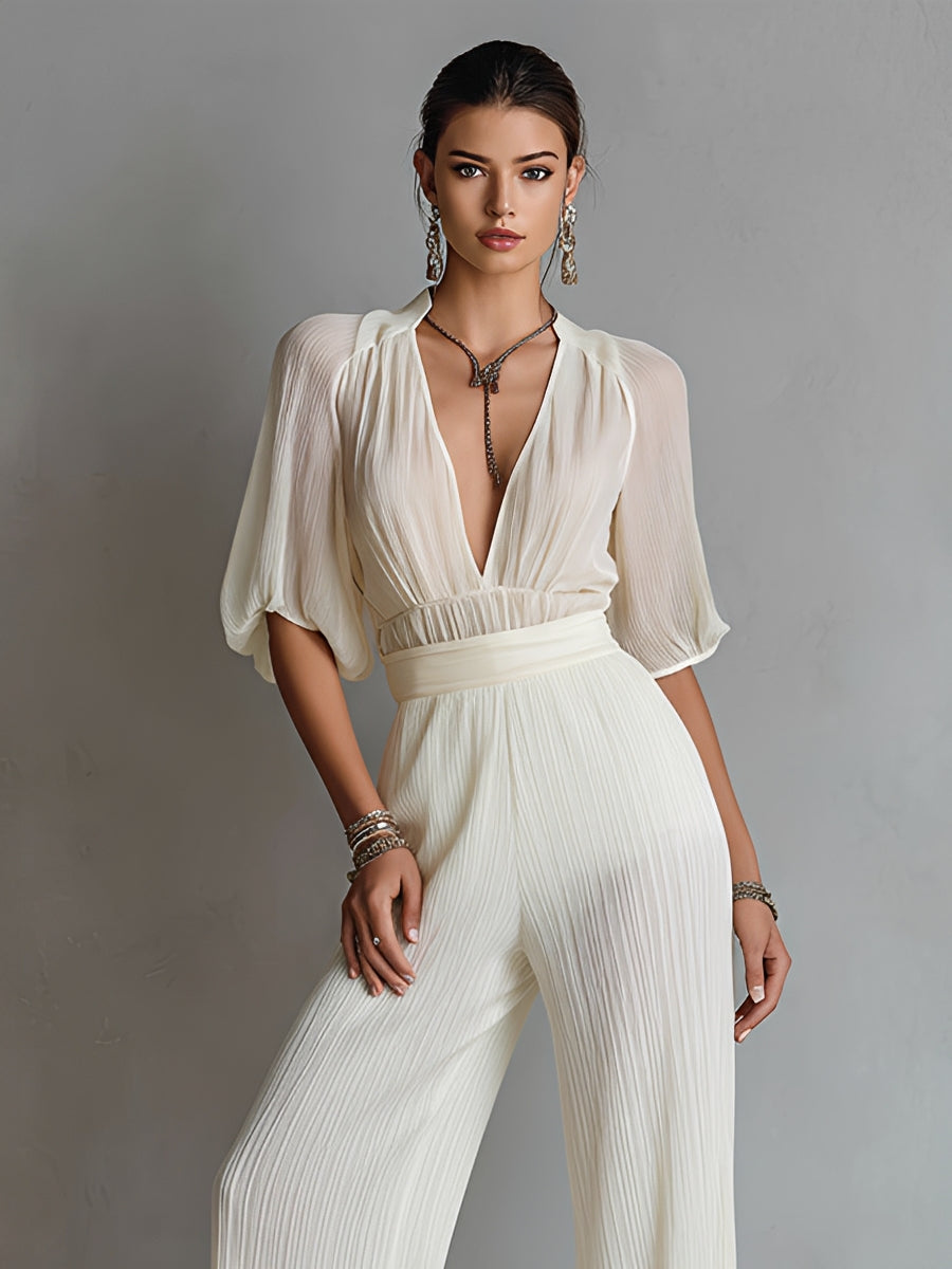 Women's Ivory Chiffon Set With Deep V-Neck & Puffed Sleeves, Timeless Sexy-Elegant Style Set MDZ2665B5I