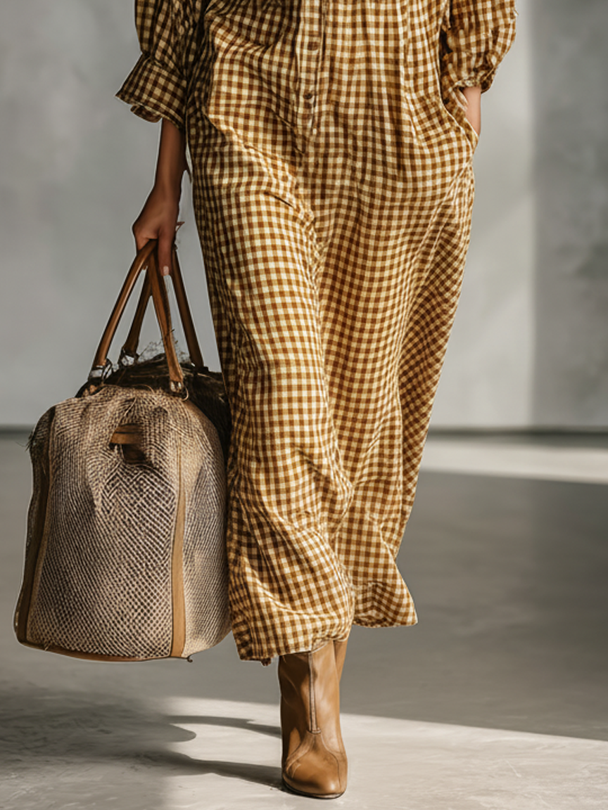 Women's Minimalist Plaid Button-down Lapel Maxi Dress MDA1636J0Y