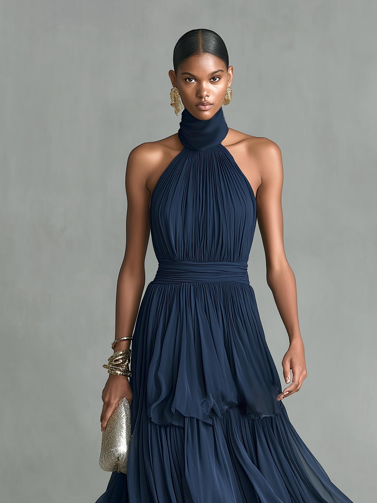 Women's Elegant Dark Blue Chiffon Halter Neck Sleeveless Long Dress MDZ2491B5AN