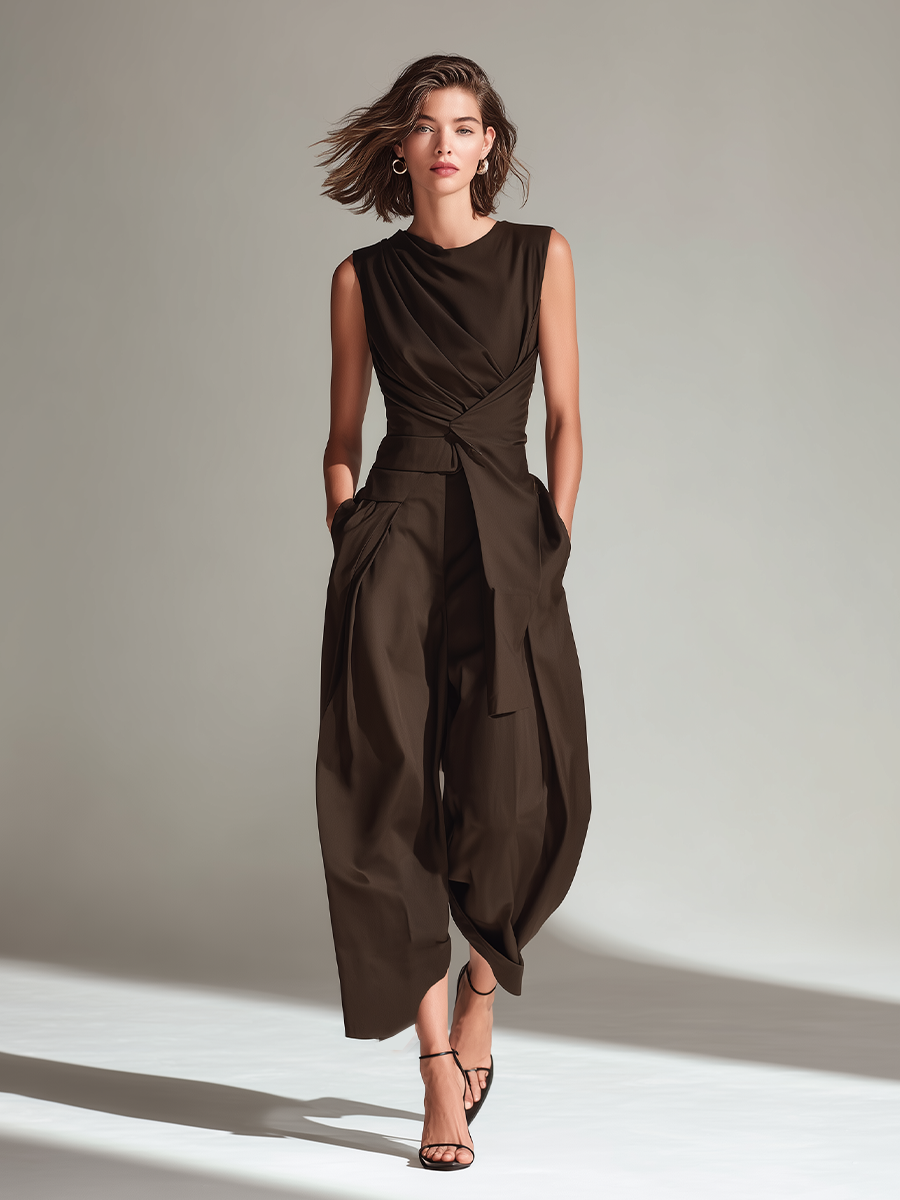 Women's Dark Brown Woven Jumpsuit With Sleeveless Design & Wrap Waist, Timeless Sleek-Elegant Style Jumpsuit MDZ0760A0I