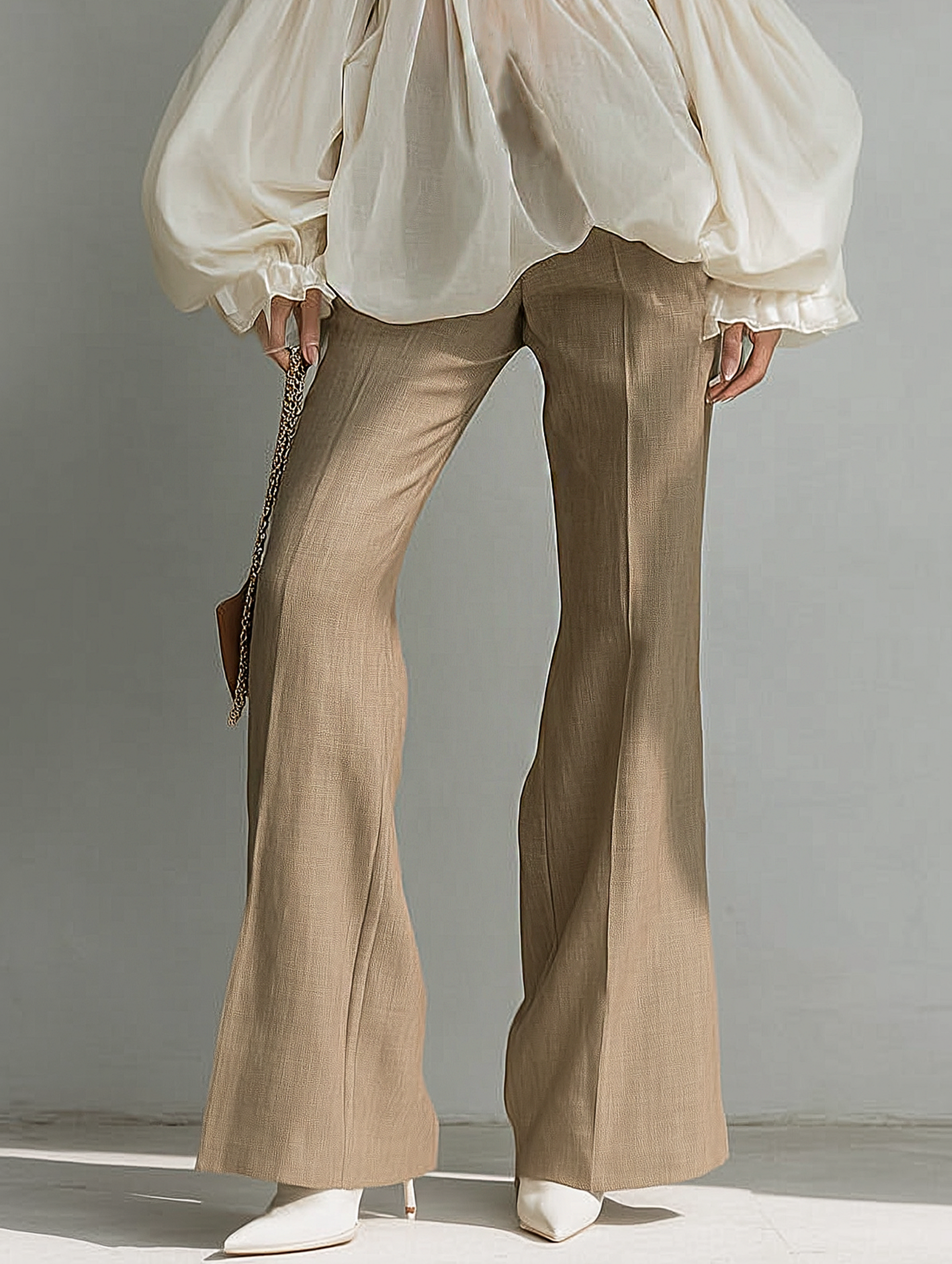 Women’s Minimalist Chiffon Strapless Long-sleeved Blouse And Flared Pants Set MDA1958L7Y