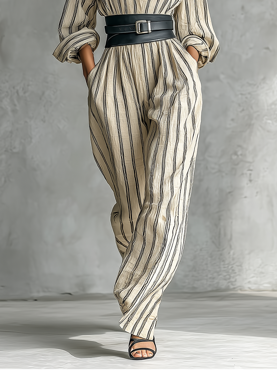 Women's Off-White Striped Cotton And Linen Blend Jumpsuit (Without Belt) MDA3092G9T