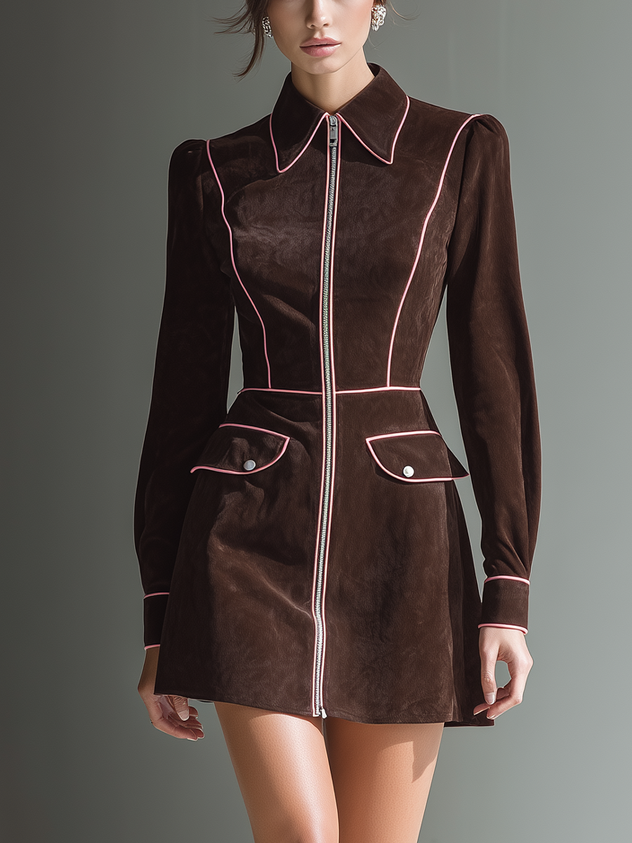 Women's Chocolate Brown Faux Suede Color-Blocked Zipper Dress MDA2763K1T