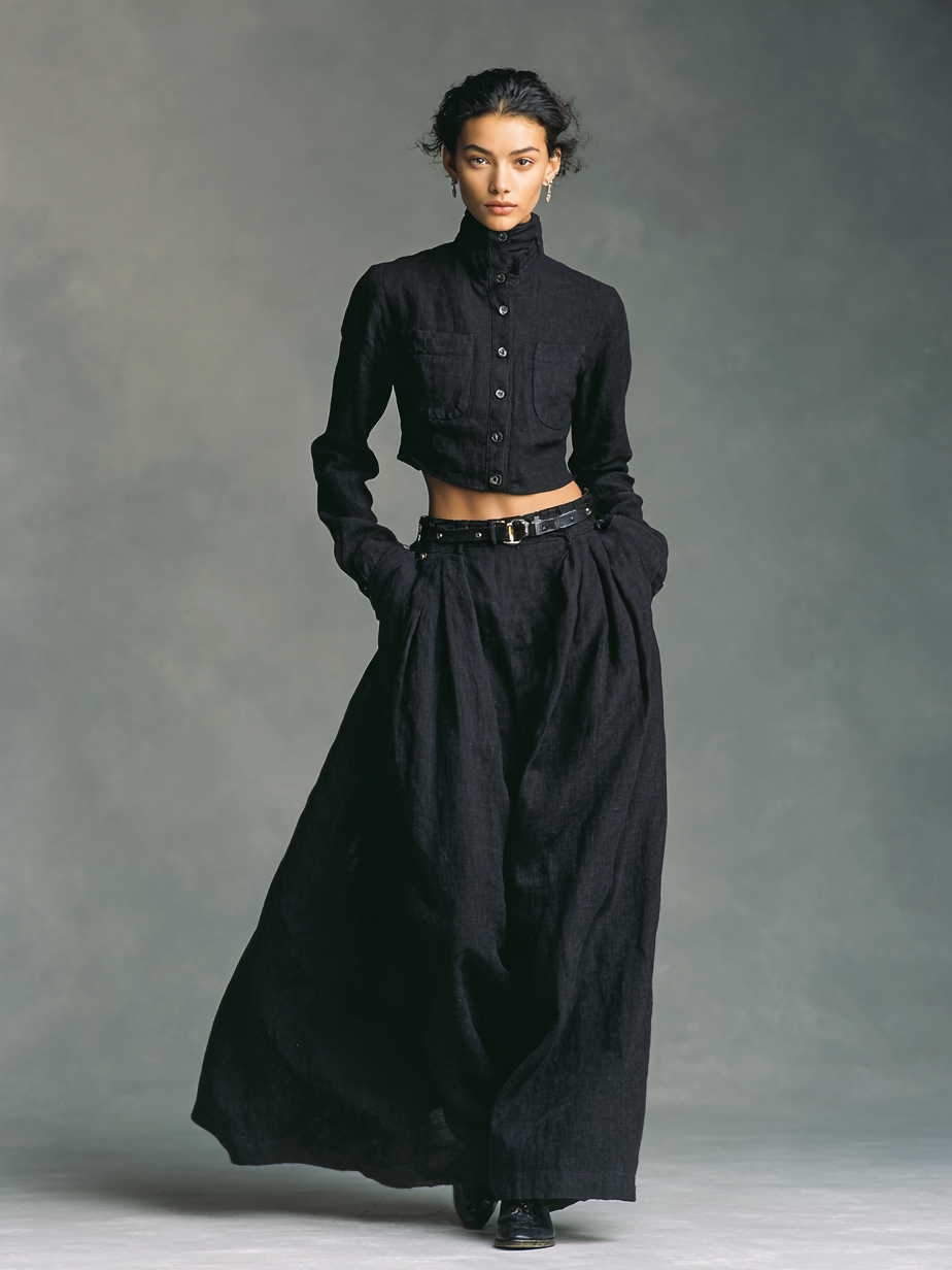 Women's Stand-up Collar Long-sleeved Short Shirt Long Skirt Two-piece Set (No belt included)MDA3177G4Y