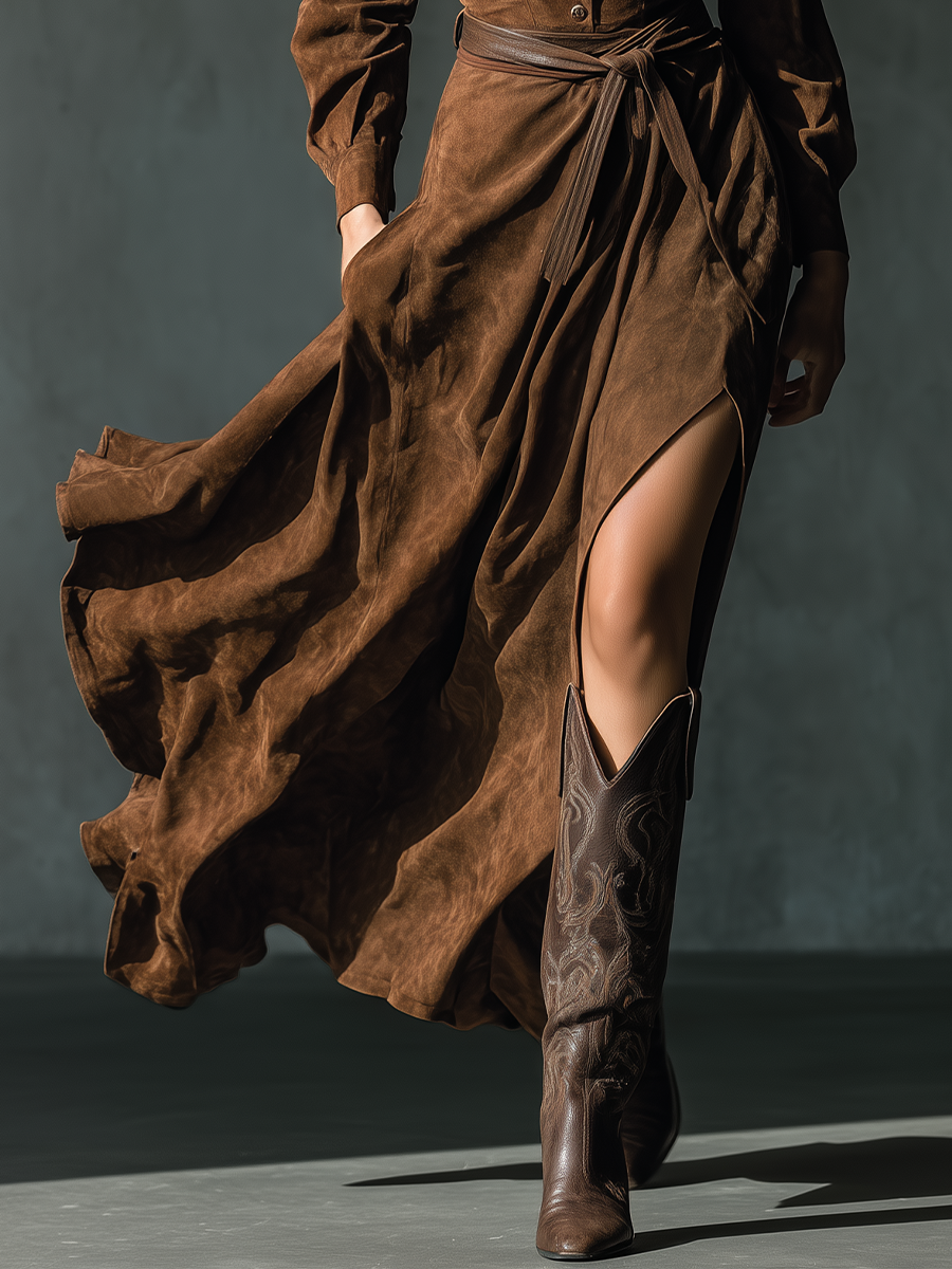 Women's Suede Brown Shirt Collar Maxi Dress MDA0152H3T