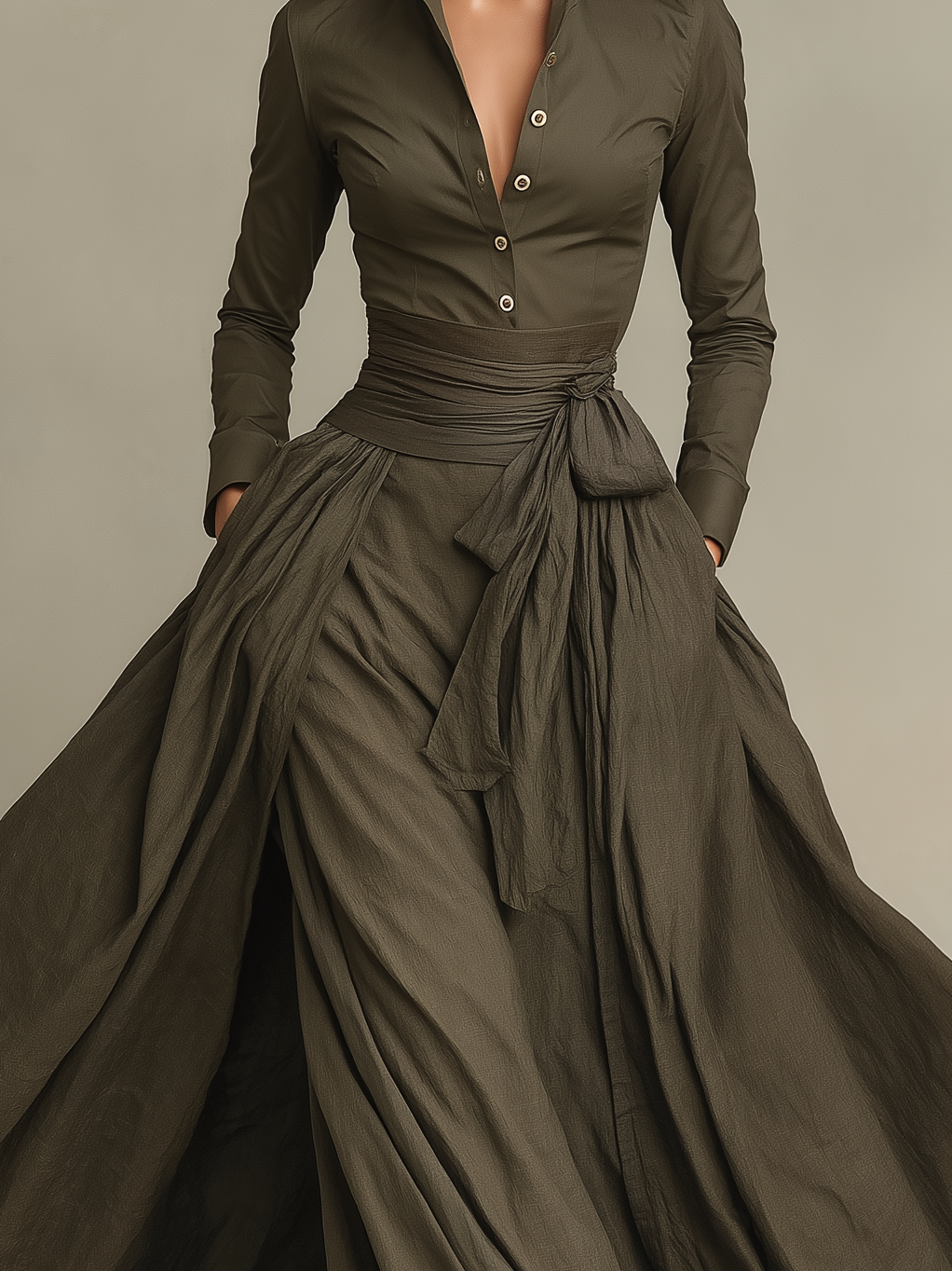 Women's Elegant Military Green Woven Shirt Collar Long-sleeved Fitted Waist Dress MDA1701L1AN