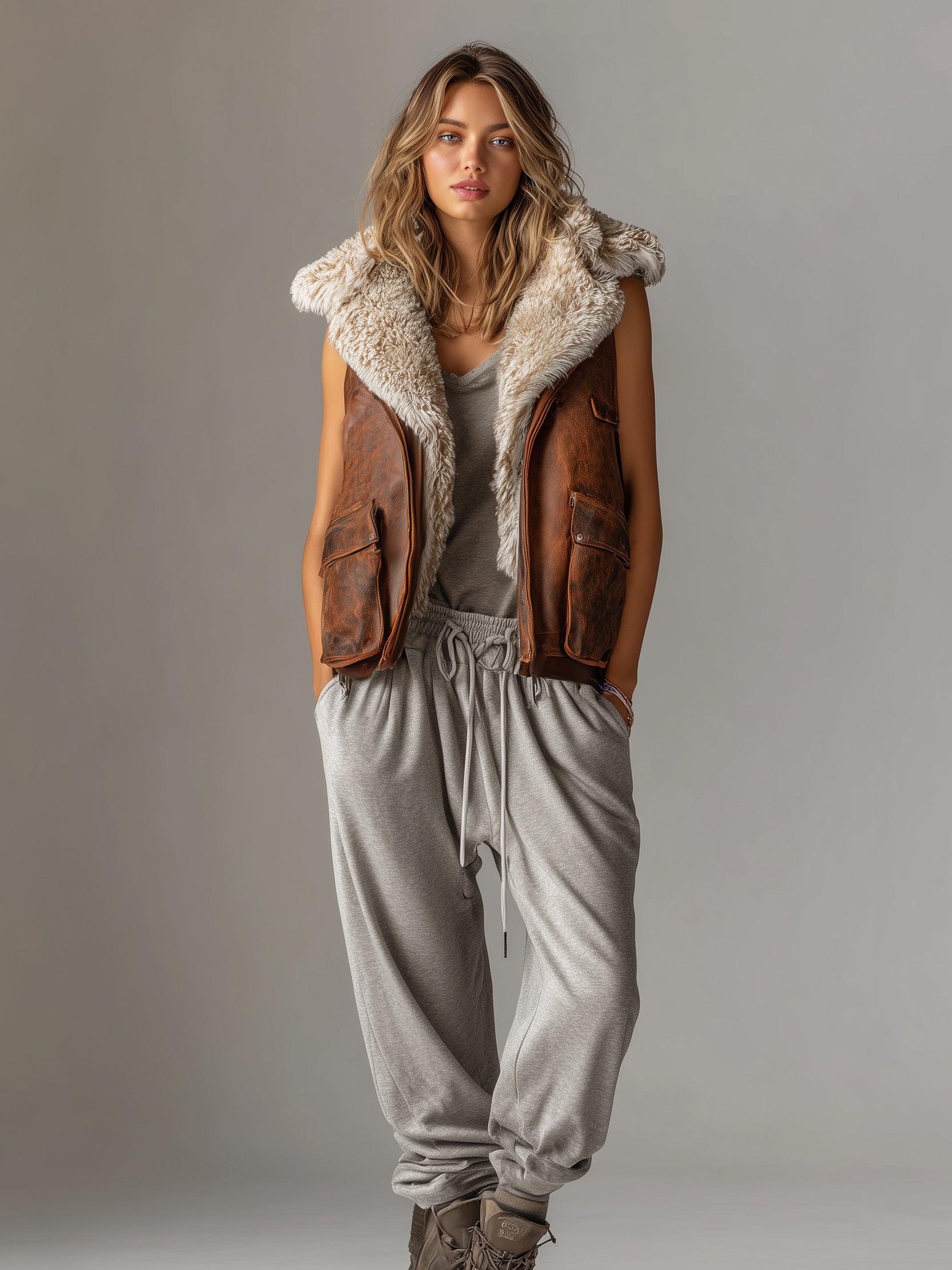 Women's Fashionable, Casual, And Versatile Brown Leather Vest With White Plush Trim On The Collar And Lining MDA2759K2AN