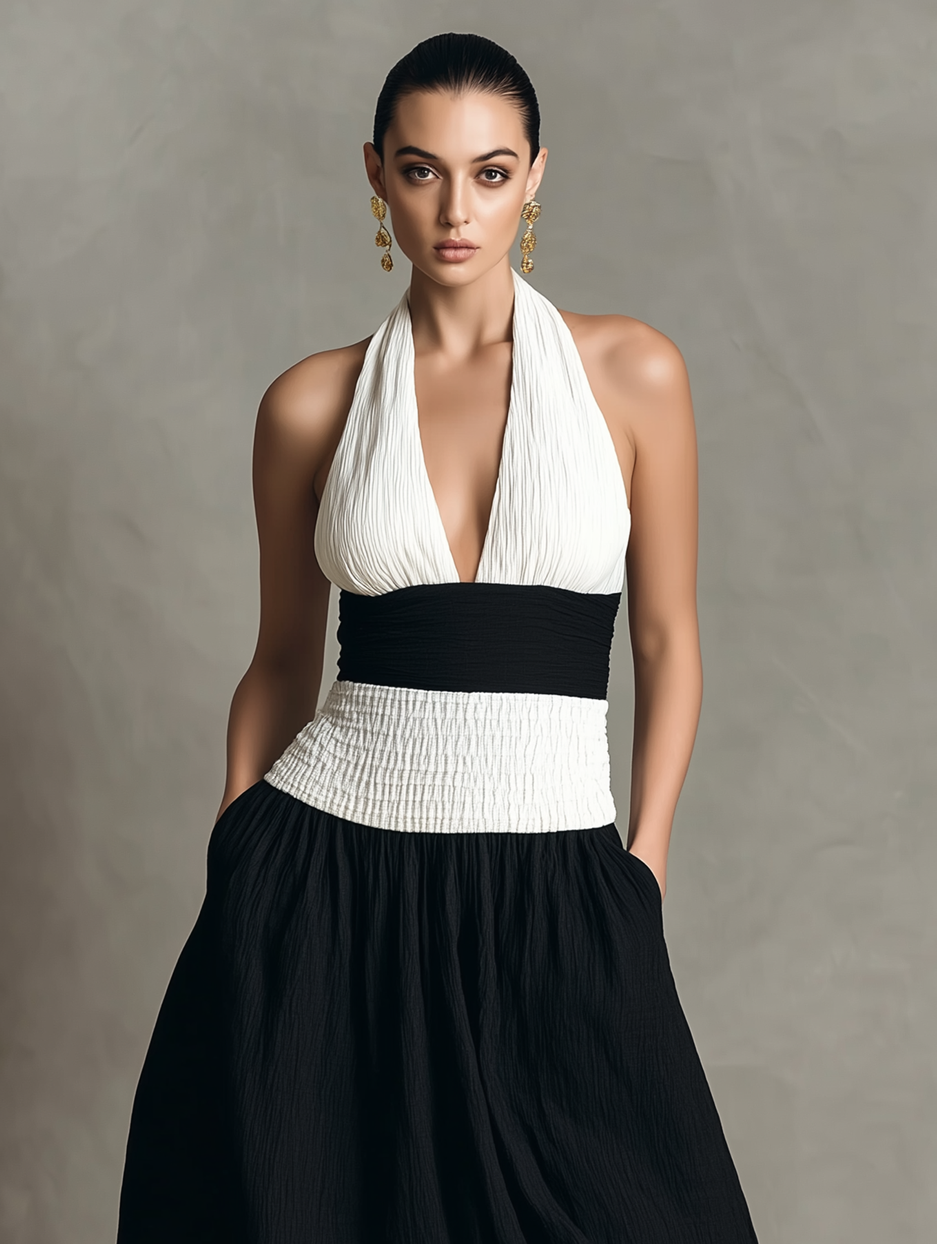 Women's Minimalist Halter Neck Color-blocked Maxi Dress MDZ2714B3Y