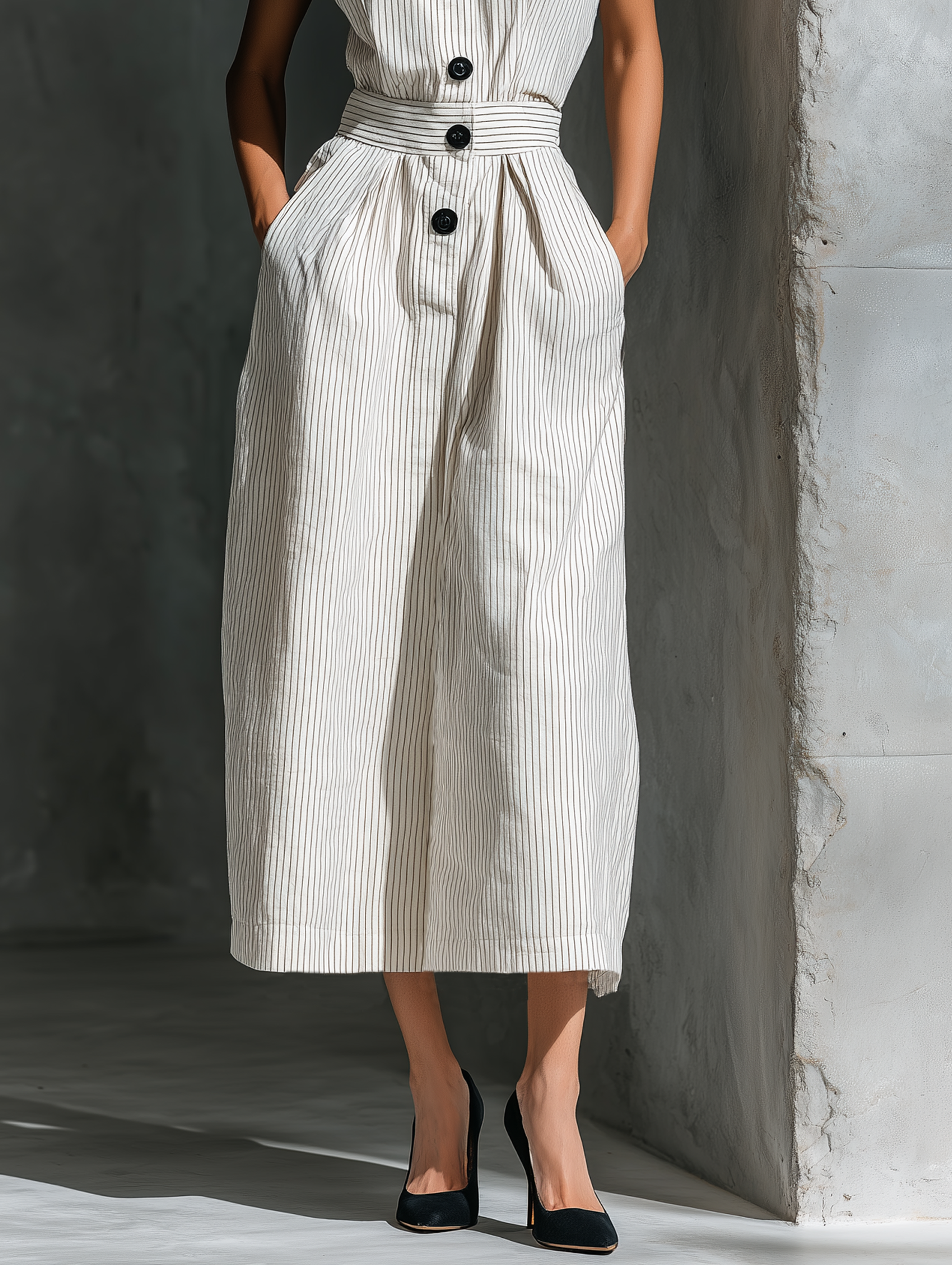 Women's Minimalist Striped Button-up Stand-collar Sleeveless Maxi Dress MDZ0531A6Y