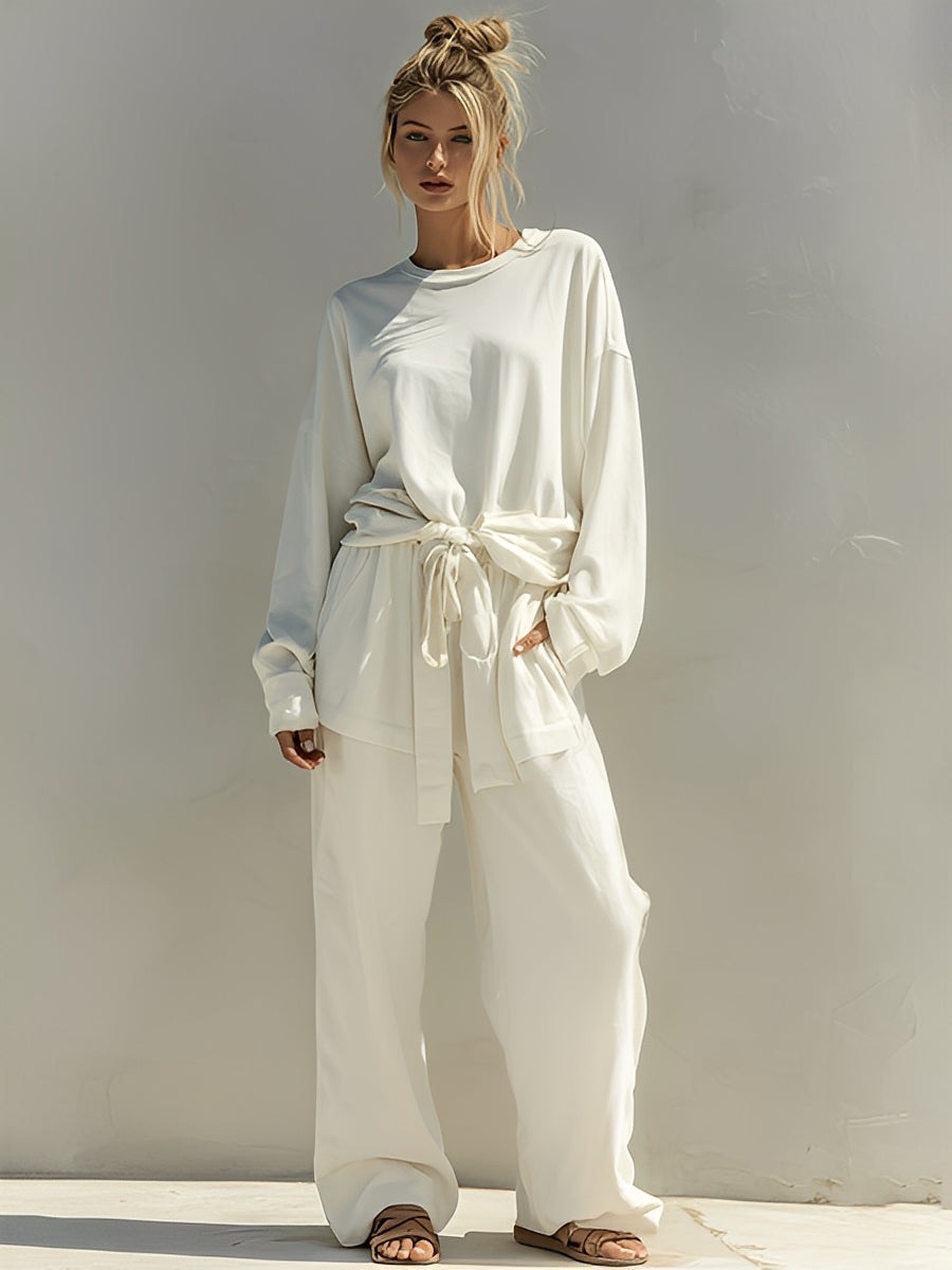Women's Ivory Textured Knit Co-Ord Set With Drop-Shoulder Top & Drawstring Pants, Minimalist Chic Style Set MDA0358K2I