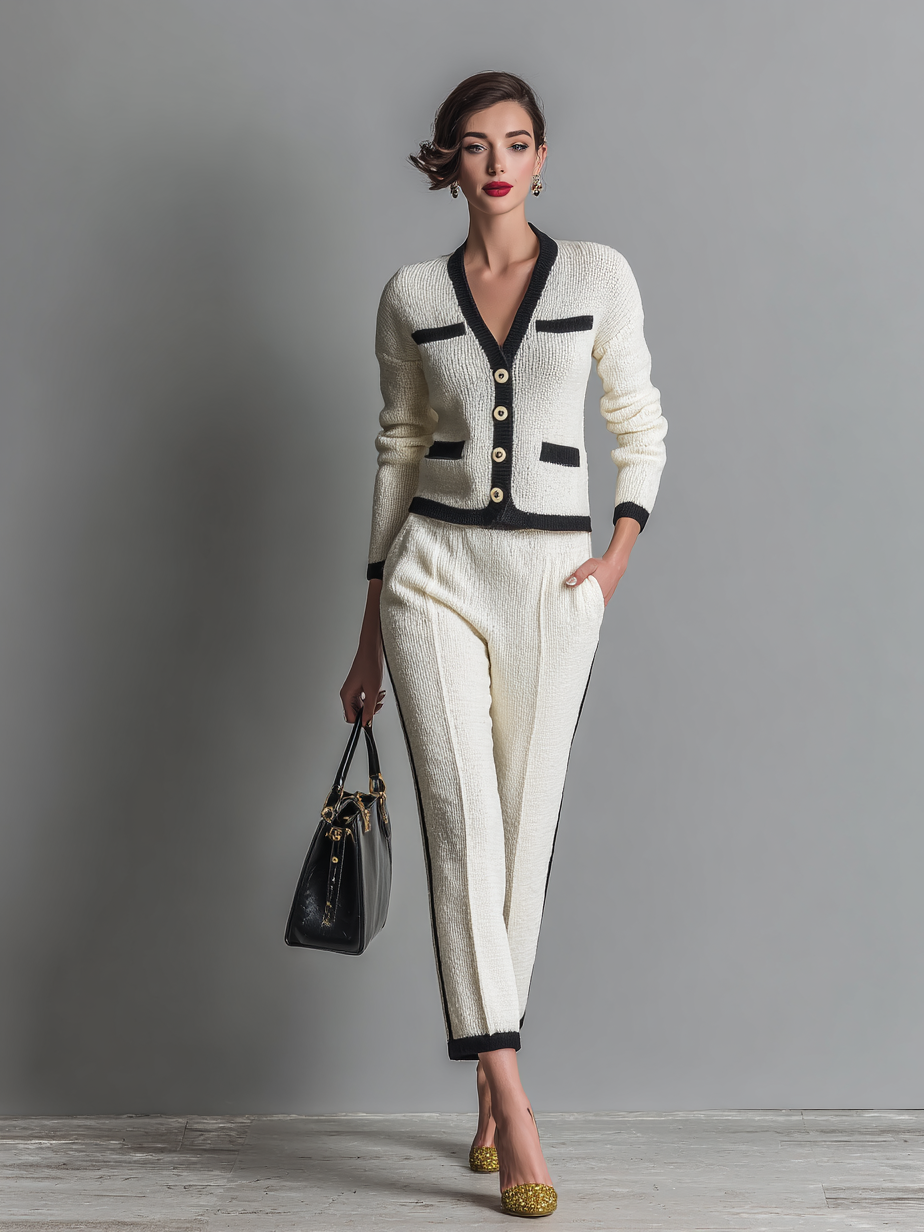 Women's Knitted Black Trim Single-Breasted Cardigan Pants Set MDA1545H4Y