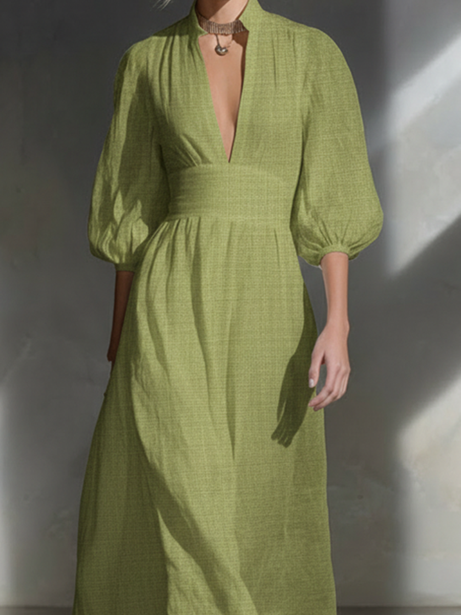 Women's Olive Green Deep V-Neck Puff Sleeve Ruched Waist Long Dress MDA2058L3AP