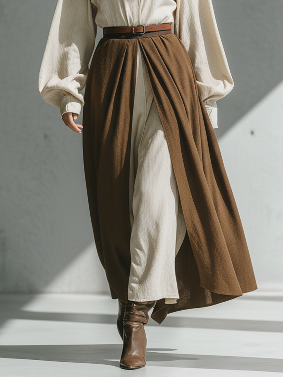 Women's Off-white Cotton And Linen Patchwork Shirt Dress With A Milky Coffee-colored Skirt Hem MDA2161K9T