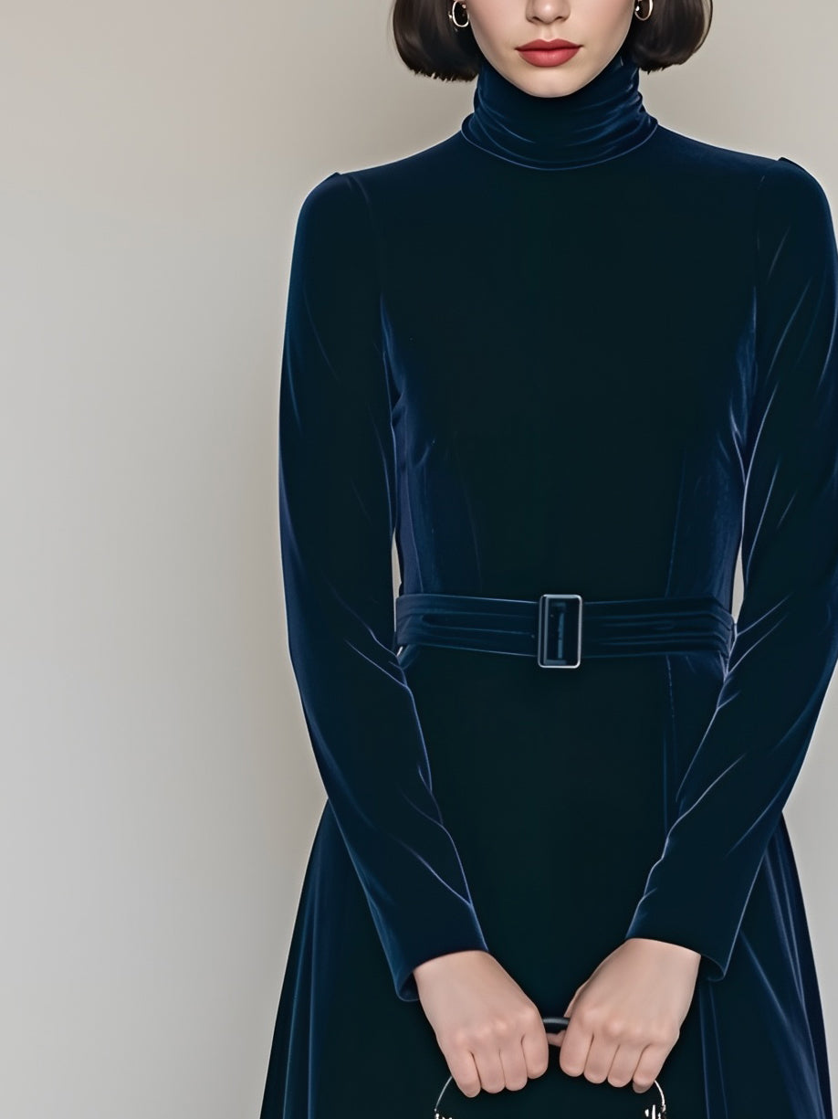 Women's Elegant And Sophisticated Navy Blue Velvet Turtleneck Slim-fit A-line Long Dress With Belt MDA0778K6AN
