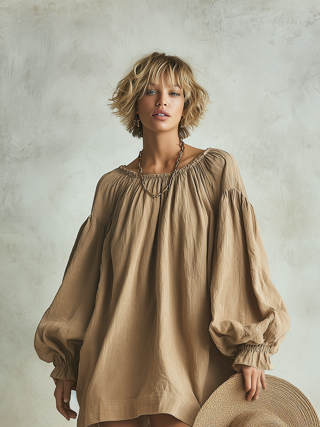 Women's Casual Khaki Cotton-linen Blend Round Neck Long-sleeved Loose-fitting Short Dress MDZ1344B6AN