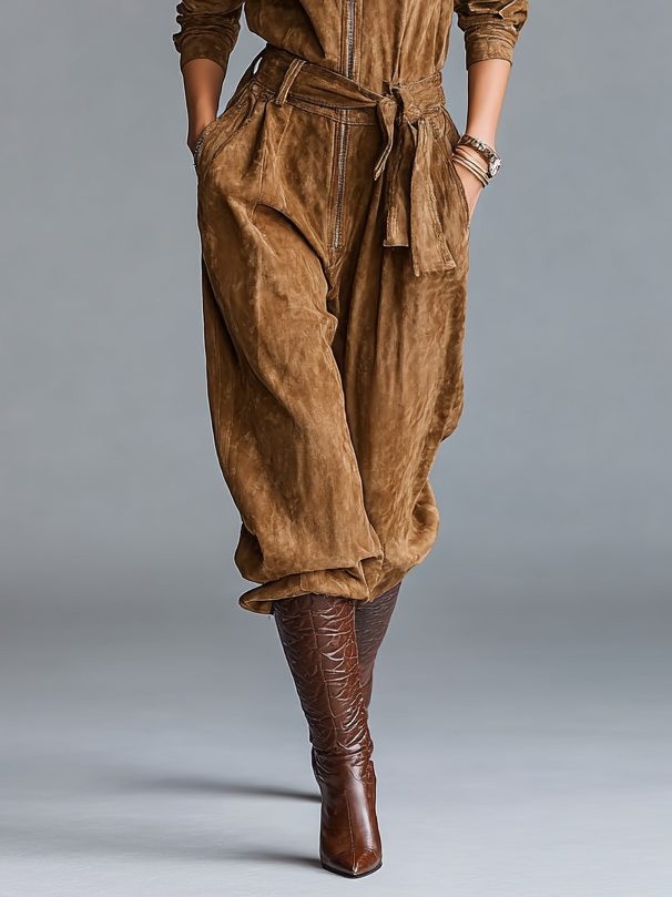 Women's Retro Eco-Friendly Faux Suede Lapel Zippered Jumpsuit MDA3070G6Y