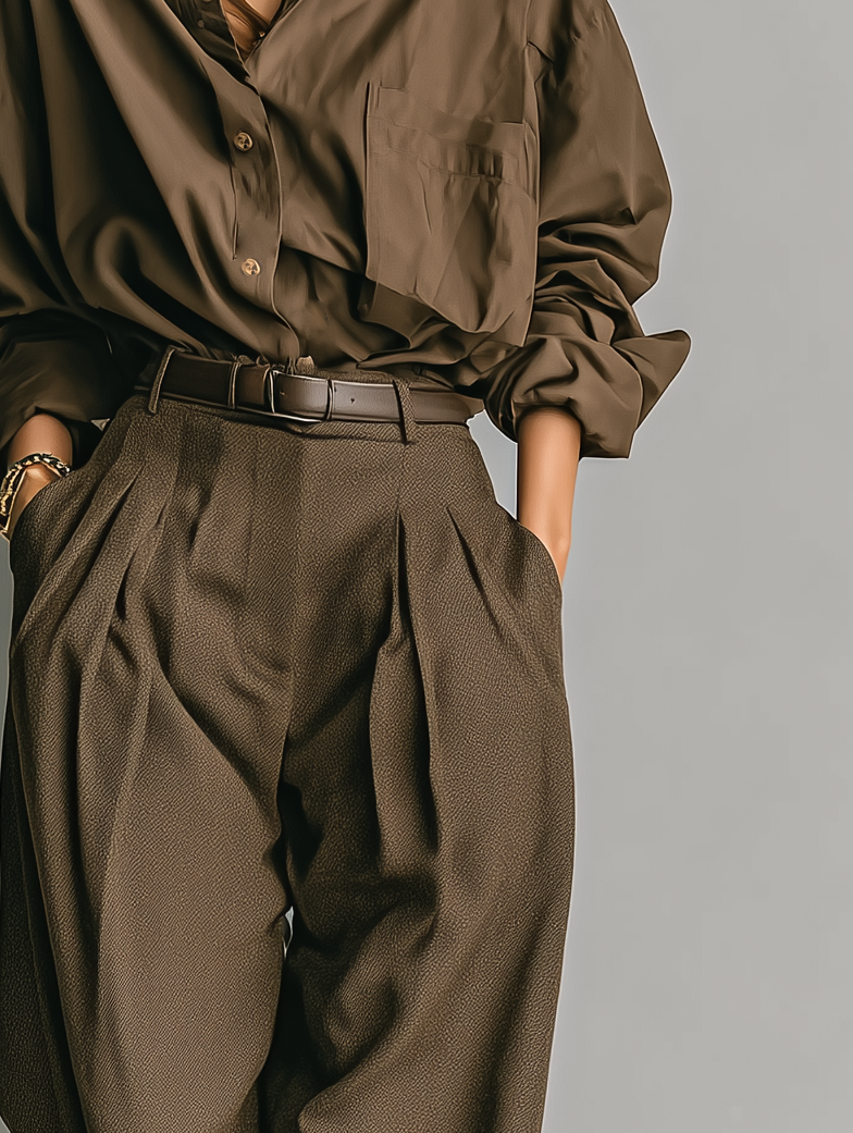 Women's Stylish And Elegant Brown Long-sleeved Shirt Paired With Matching Brown Trousers (belt Not Included) MDA1744K1AN