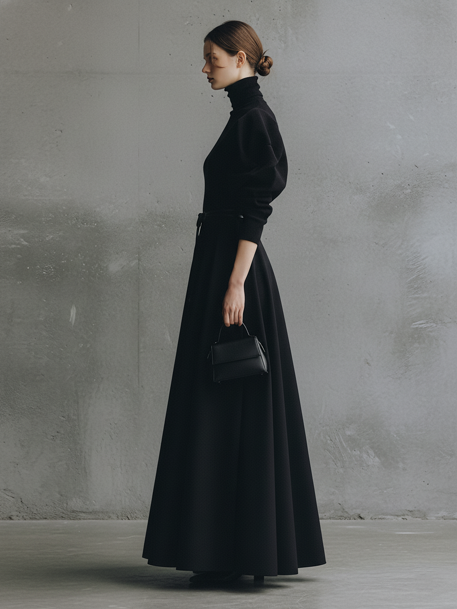 Women's Chic Wool-Blend Black Turtleneck Puff-Sleeve Belted Maxi Dress MDA1512L8AU