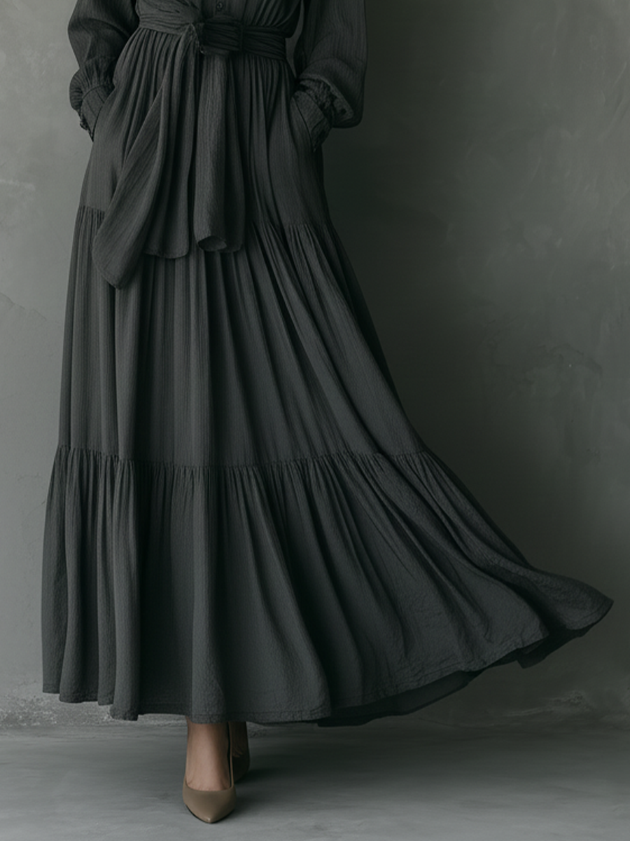 Women's Charcoal Cotton And Linen Fabric Tiered Maxi Dress With Self-Belt MDA1670L6T