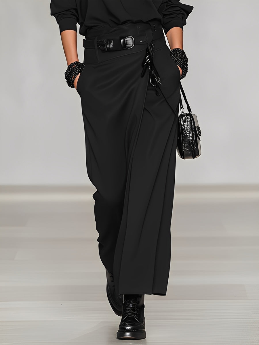Women's Black Skirt Set With Turtleneck & Wrap Waist Detail, Modern Sophisticated-Effortless Style Set MDA2589L3I