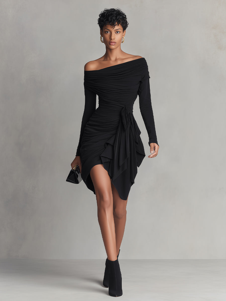 Women's Black Stretchy Ruched Dress With Off-the-Shoulder Neck & Asymmetric Hem, Glamorous Evening Style Dress MDA1193L3I