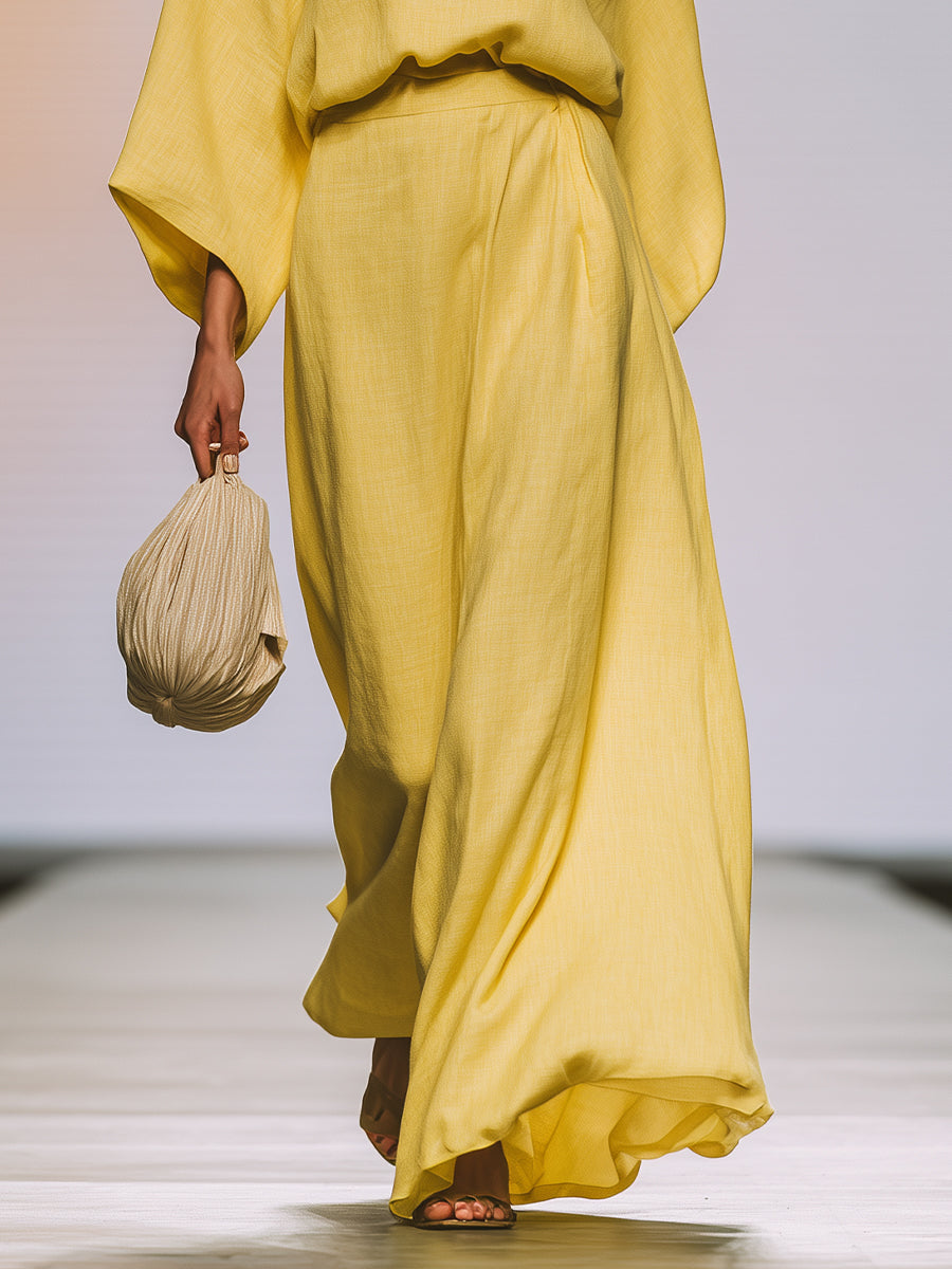 Women's Mustard Linen Set With Bell Sleeves & Maxi Skirt, Timeless Coastal-Chic Style Set MDA1039L1I