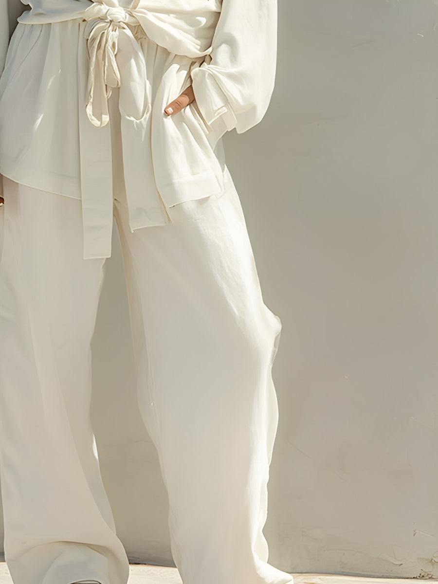 Women's Ivory Textured Knit Co-Ord Set With Drop-Shoulder Top & Drawstring Pants, Minimalist Chic Style Set MDA0358K2I