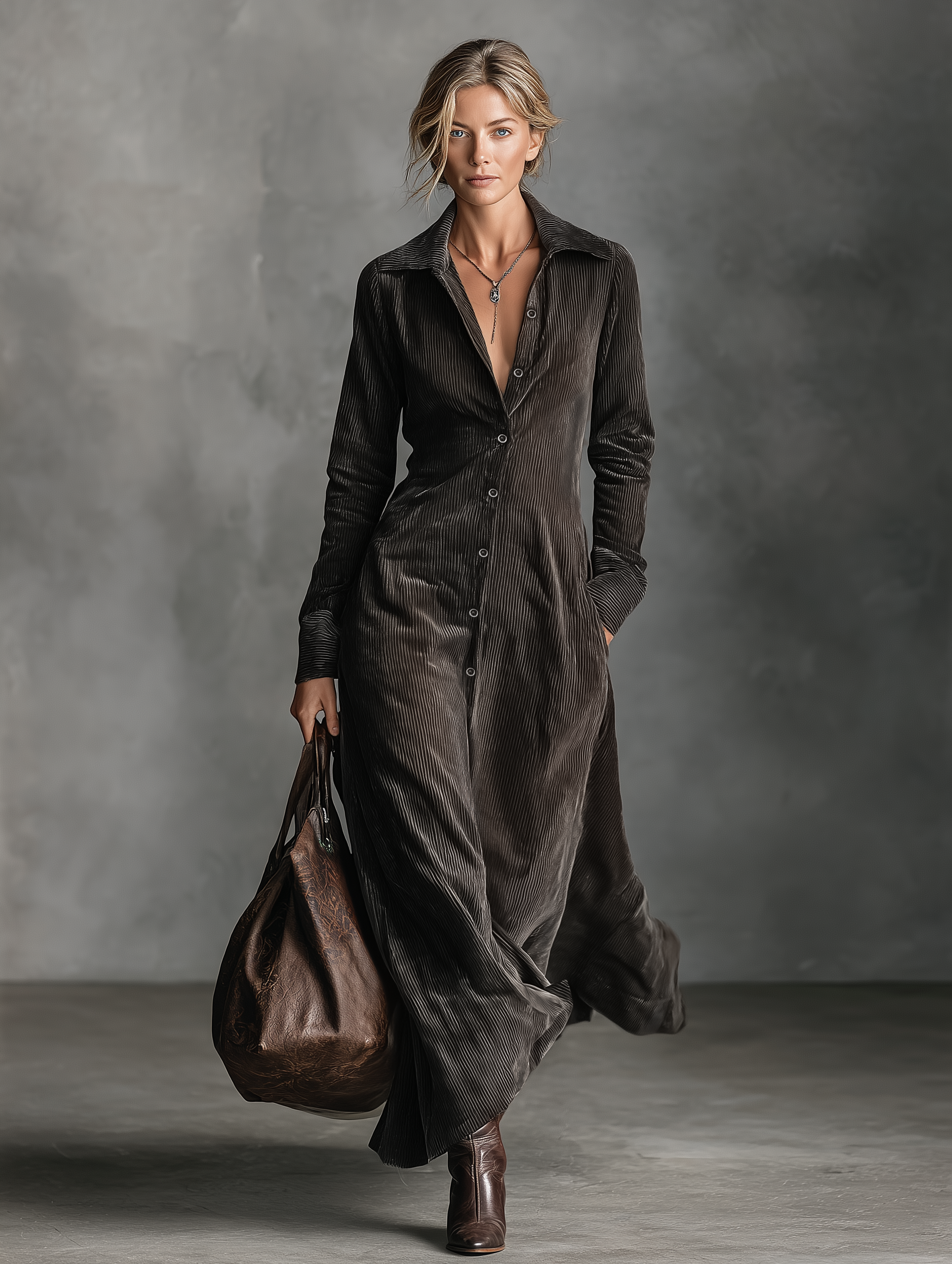 Women's Corduroy Single-breasted Lapel Maxi Dress MDA2192J8Y