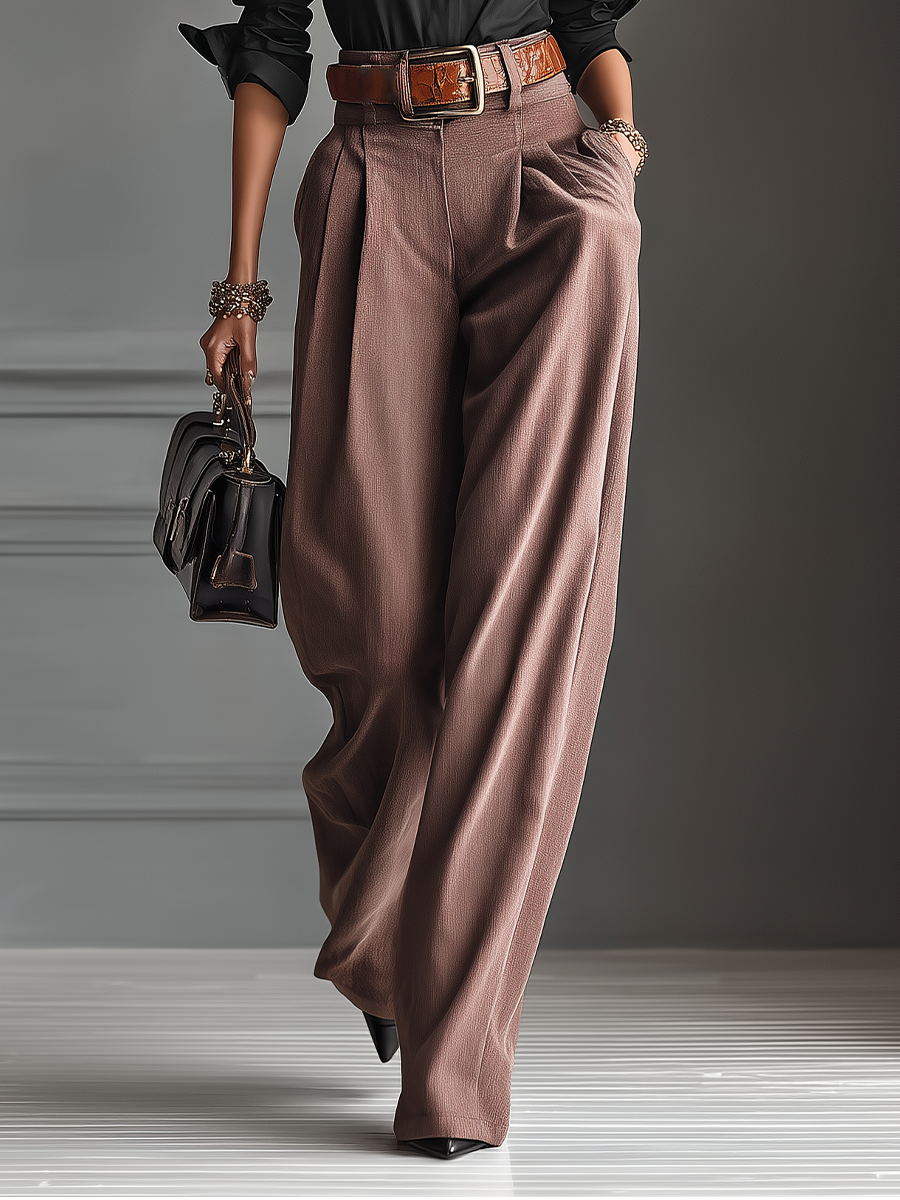Women's Blended Black Shirt And Gray-pink Wide-leg Pants Set(Without Belt)MDA1655H2T