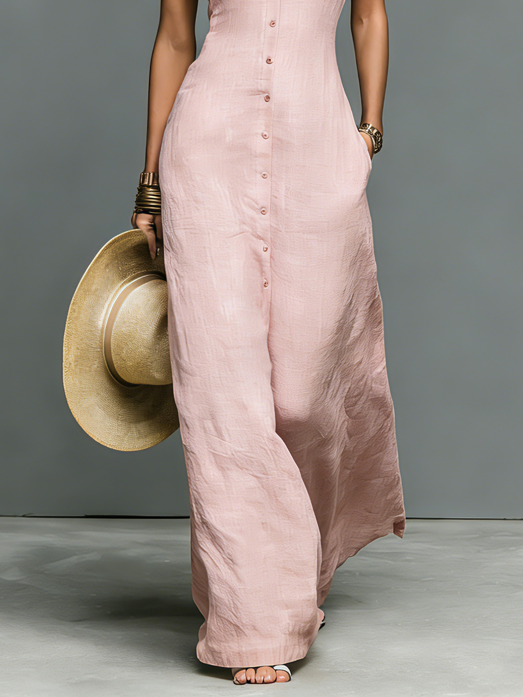 Women's Minimalist Linen-Blend Stand-Collar Single-Breasted Sleeveless Maxi Dress MDZ1049C1Y