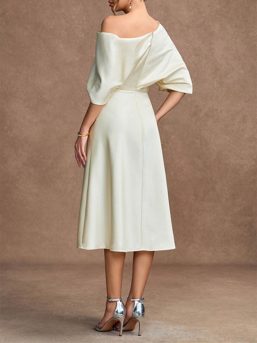 Women's Solid Color Satin Off-shoulder Waist Midi Dress MDA1790F1Y