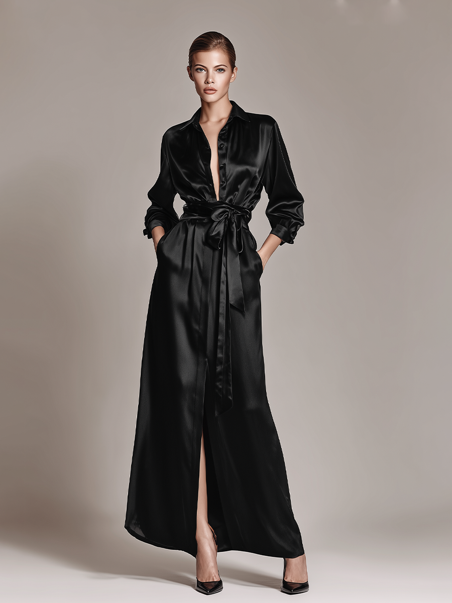 Women's Black Satin Chic Collared Belted Long-Sleeve Formal Maxi Dress MDA0118K2I