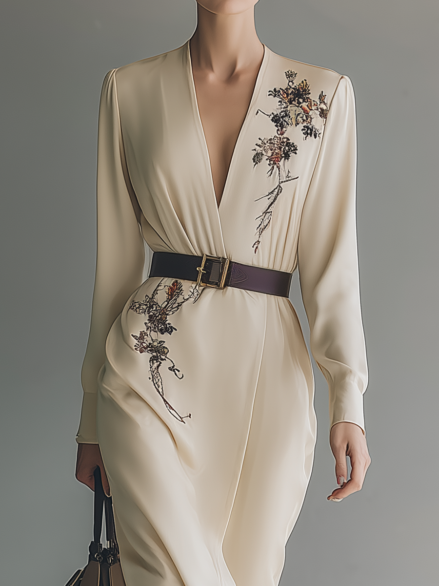 Women's Beige Cotton Blend Embroidered Waist Midi Dress MDA1912H0T