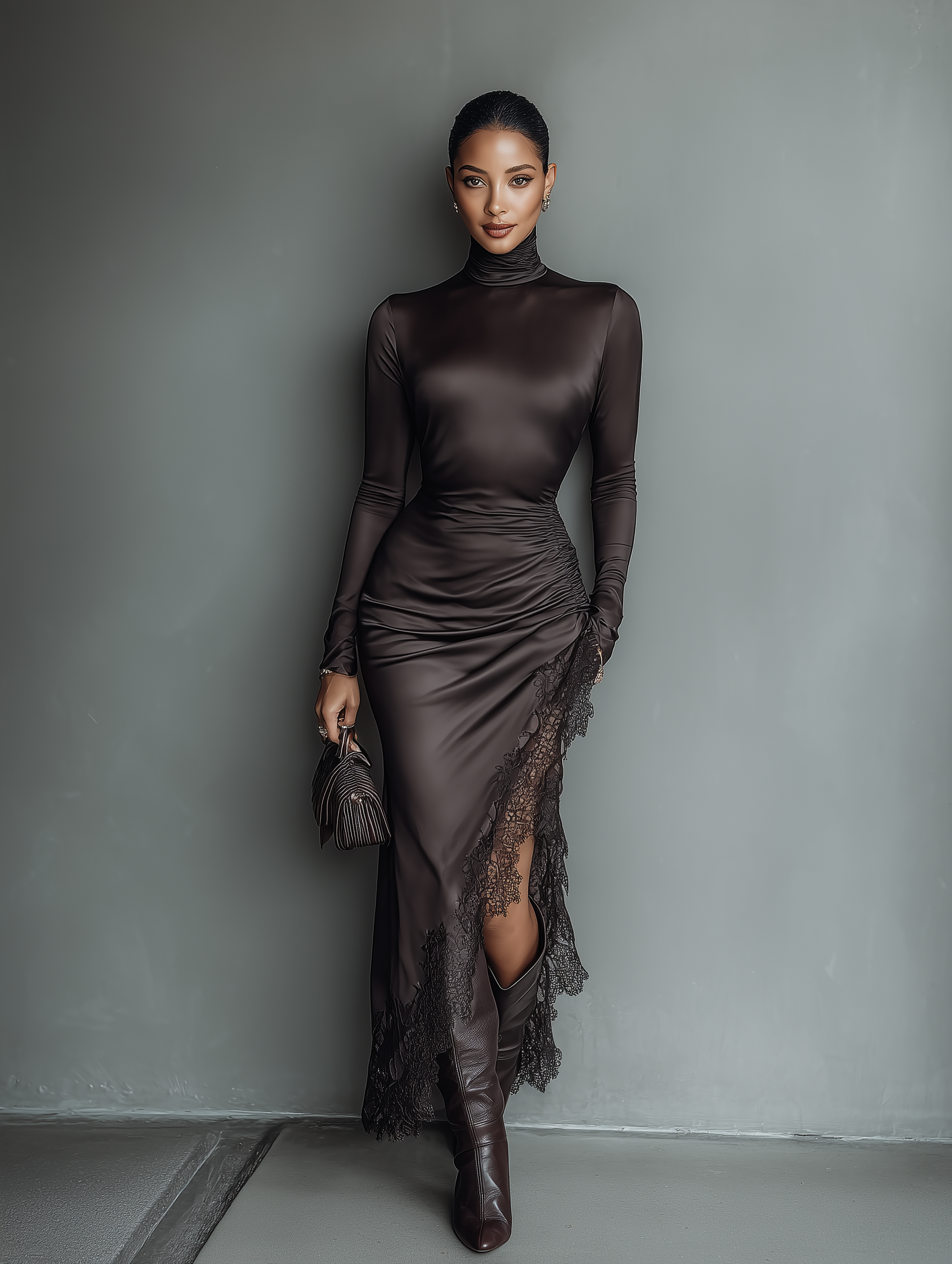 Women's Dark Brown Satin Irregular Hem Lace Slim Maxi Dress MDA0501H1T – Modesees