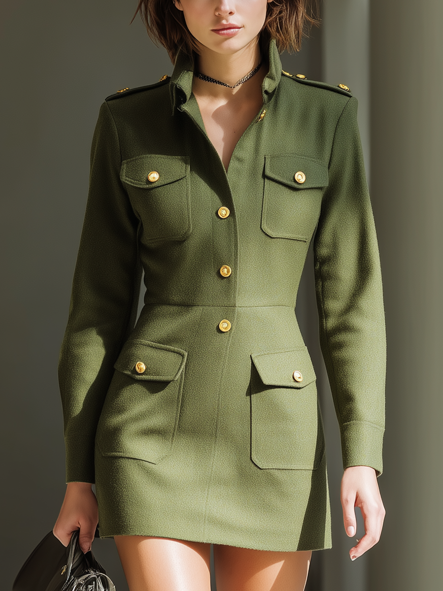 Women's Olive Green Wool Blend Military Maxi Dress MDA2580J2T