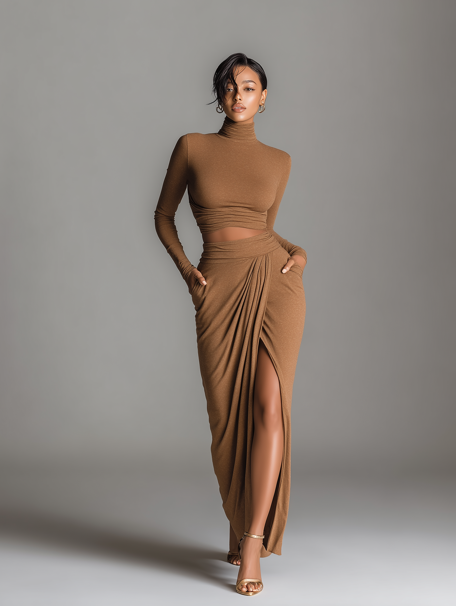 Women's Fashion Camel Stretch Knit Turtleneck Long-Sleeve Set With Skirt MDA1968L7AN