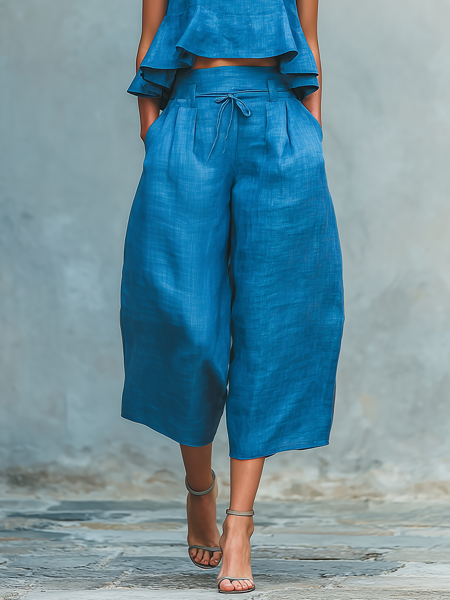 Women's Blue Linen-Blend Two-Piece Set With Ruffled Crop Top & Culottes MDZ2818B1T