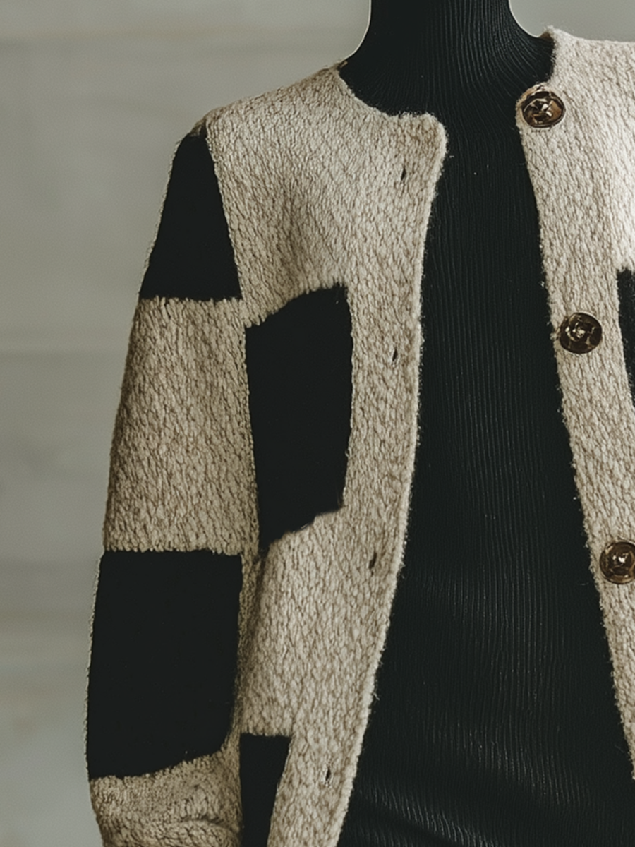 Women's Black And White Colorblock Thick Knit Loose Casual Cardigan MDA0962I7T