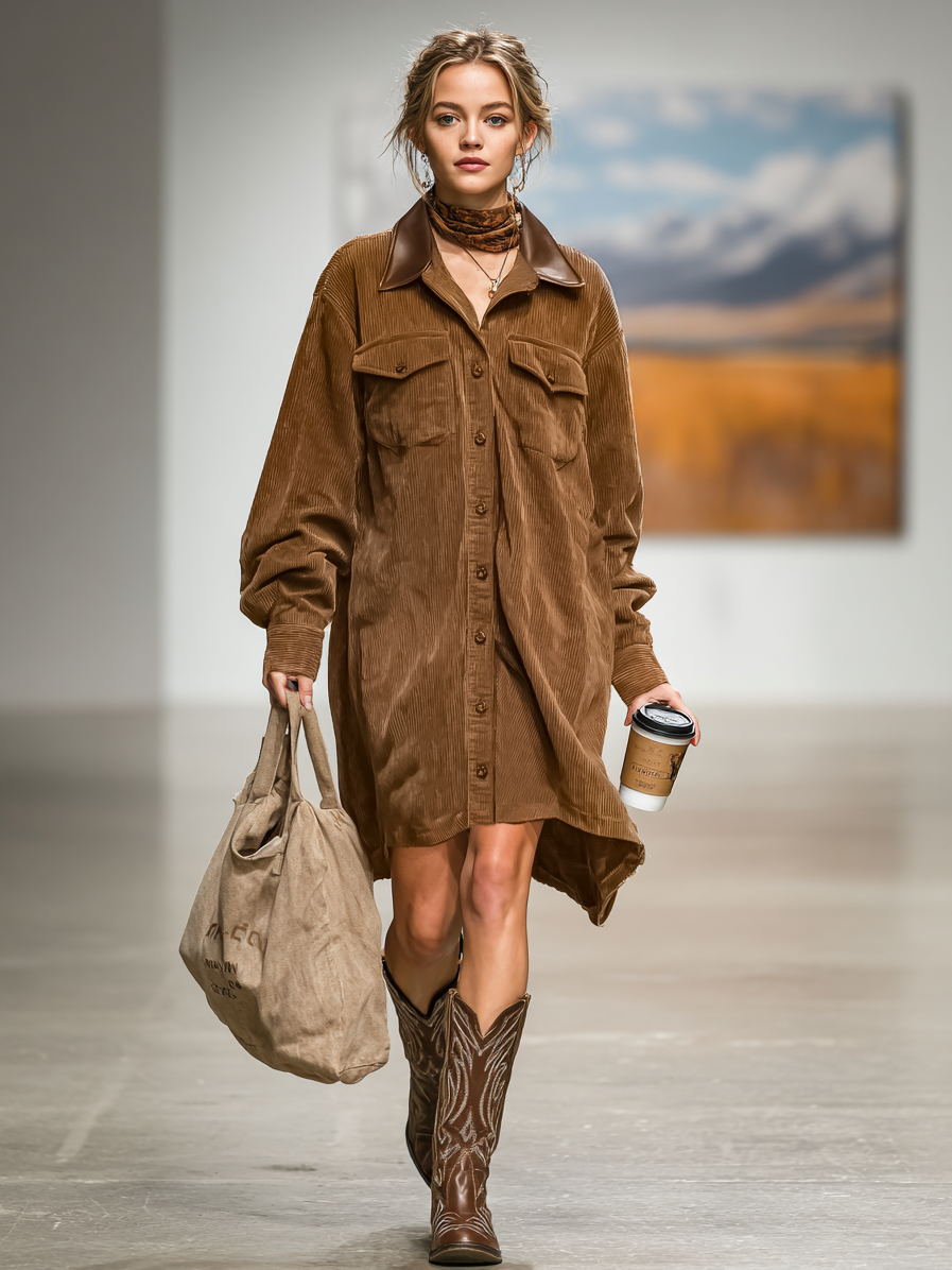 Women's Minimalist Loose PU Leather Lapel Splicing Corduroy Midi Dress MDA1850I4Y