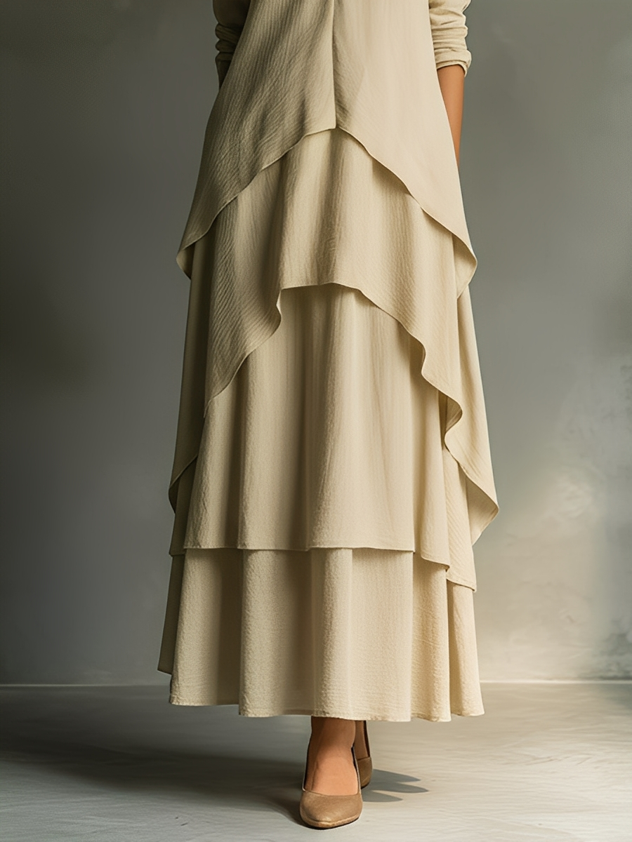 Women's Light Khaki Cotton-linen Blend Layered Long Dress MDA2599K1T