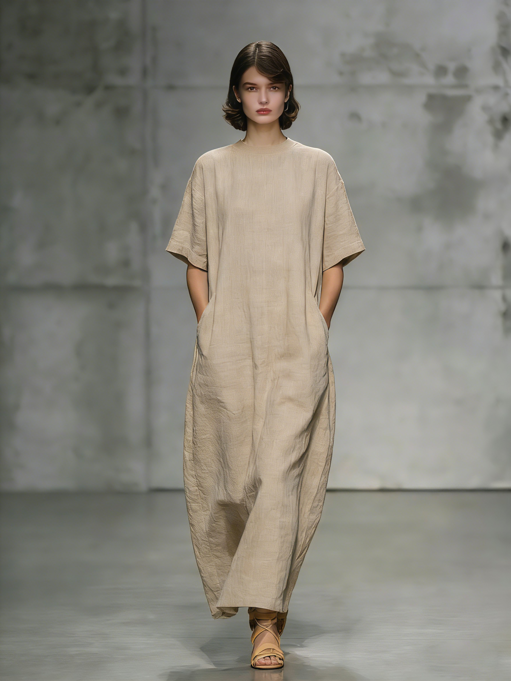 Women's Elegant, Natural-colored Cotton And Linen Blend Round-neck, Short-sleeved, Loose-fitting Long Dress MDZ1466A6AN