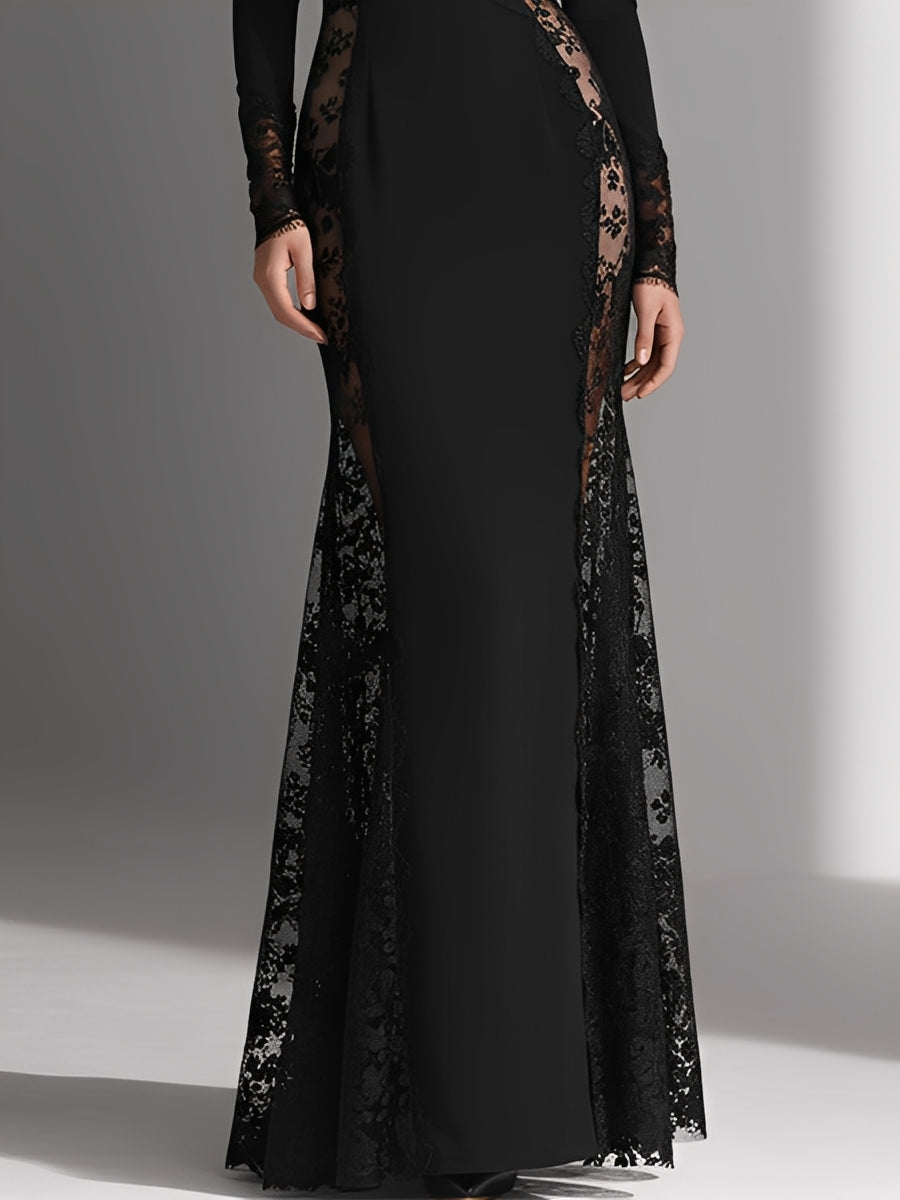 Women's Stretch Woven Strapless Dress With Black Lace Paneling, Featuring An Off-the-shoulder Design And Sheer Inserts Maxi Dress MDA1881L6I