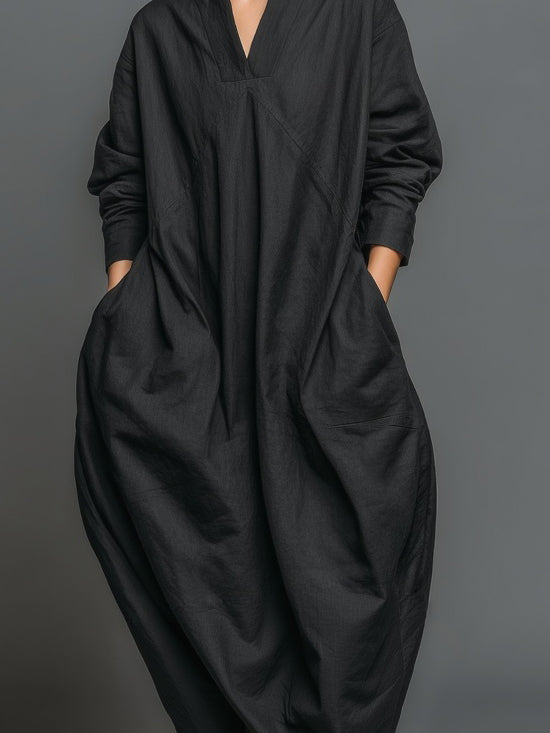 Women's Fashionable And Casual Black V-neck Loose Cocoon-shaped Long-sleeved Dress MDA1978K4AN