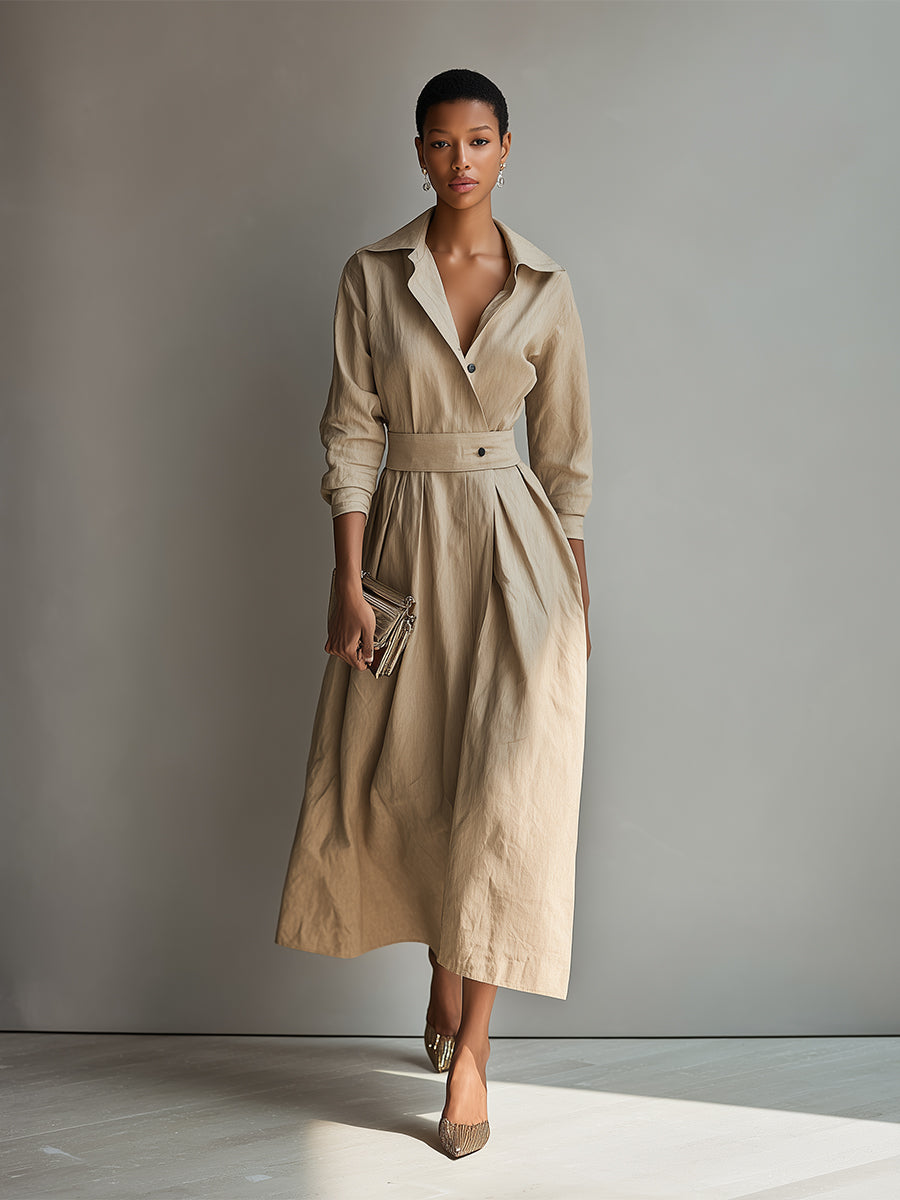 Women's Beige Elegant Linen Belted Wrap - Front Midi Dress MDA1115H3I